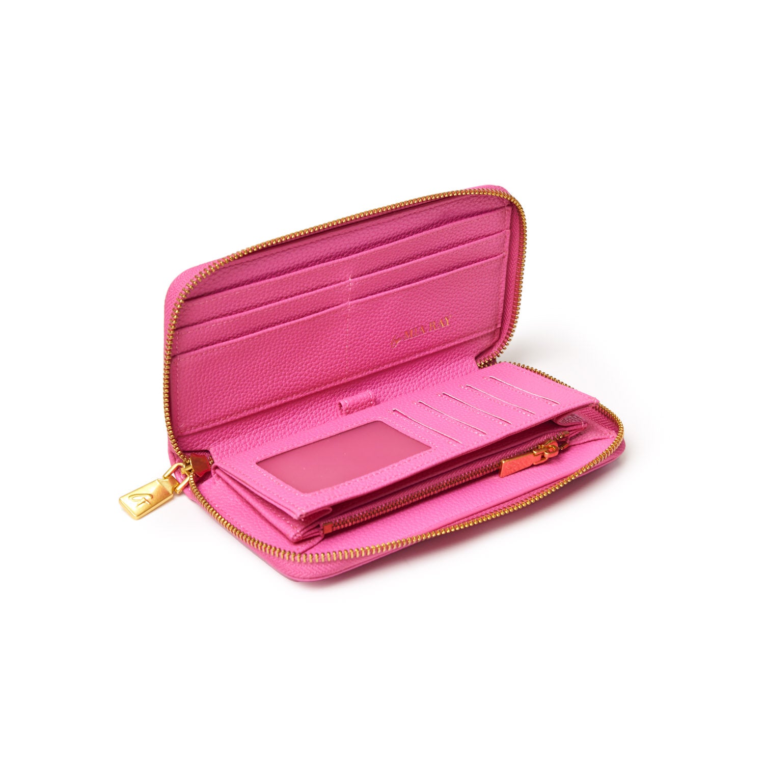 Open pink pebble wallet with multiple card slots, a clear ID window, and a zippered coin pocket inside.