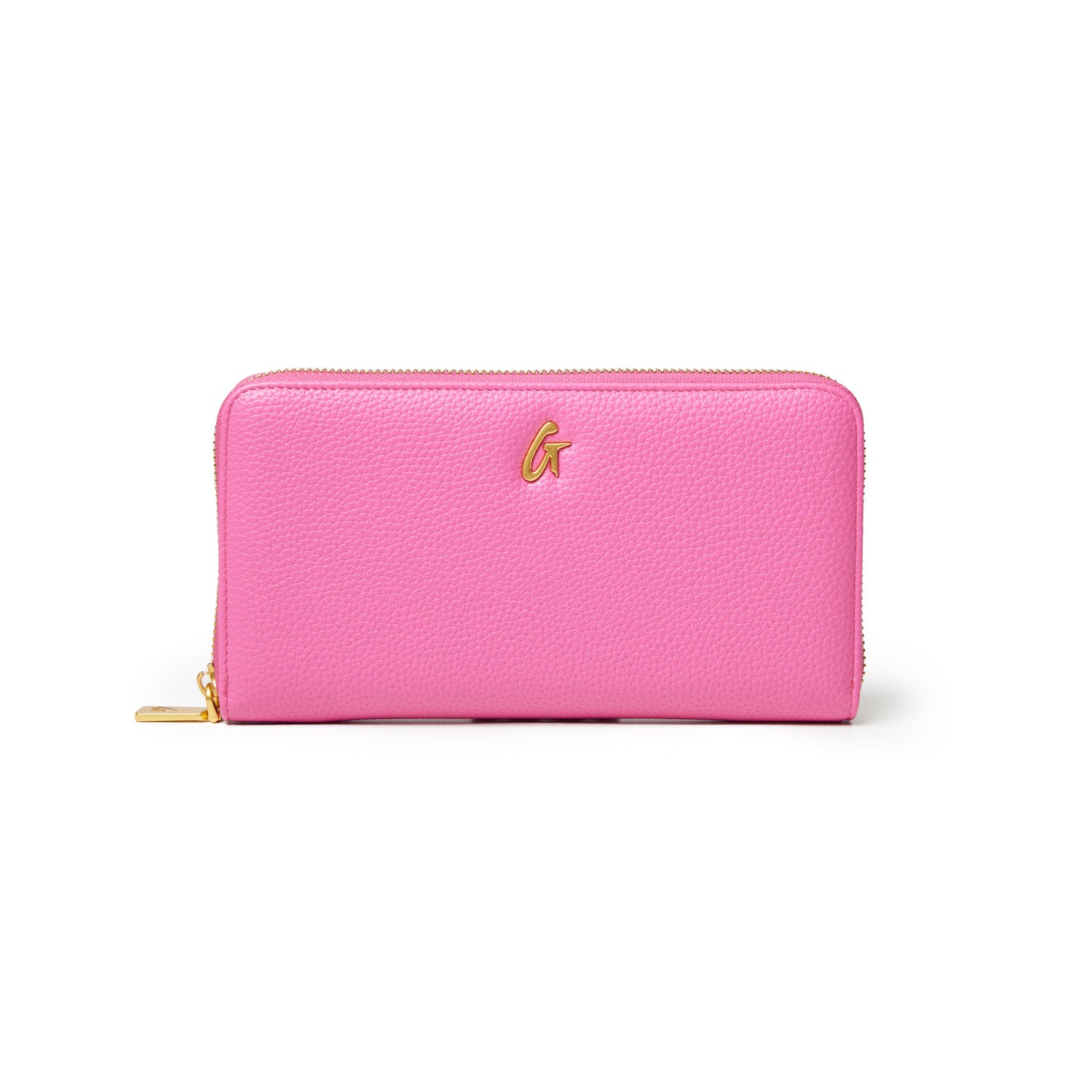 Hot pink jumbo pebble wallet with a textured finish and gold logo, featuring a zip closure for secure storage.