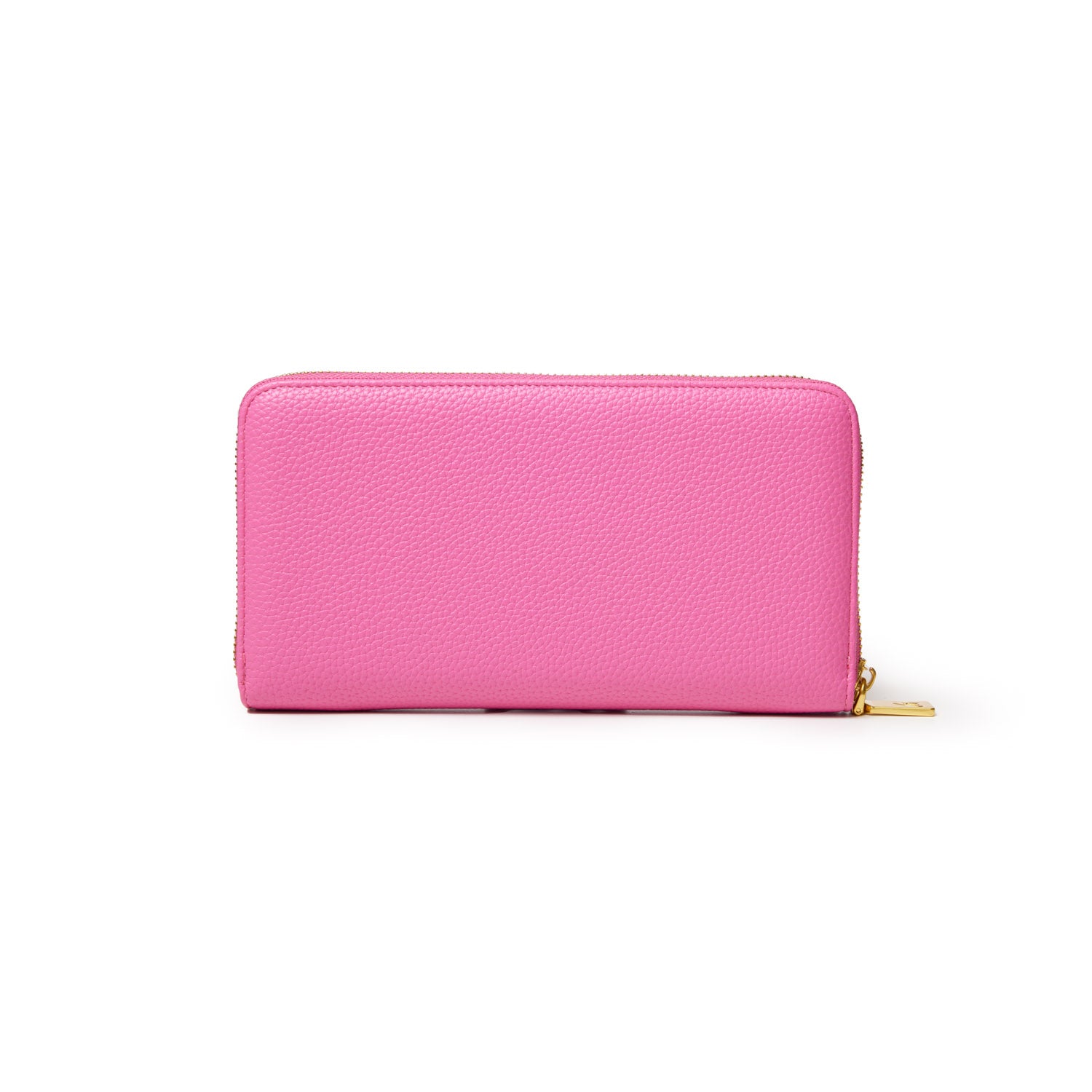 Pink jumbo pebble leather wallet with a gold zipper, designed in a vibrant hot pink color.