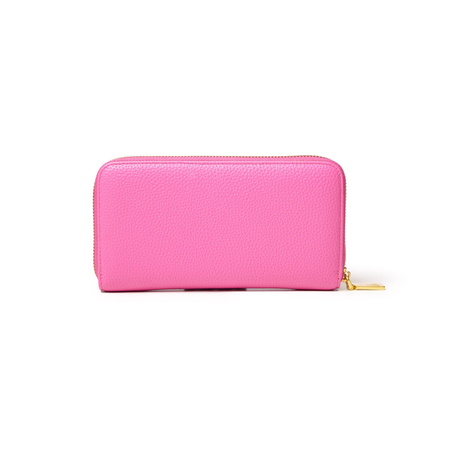 Hot pink pebble leather wallet with a gold zipper and pull tab, rectangular shape, and textured surface.