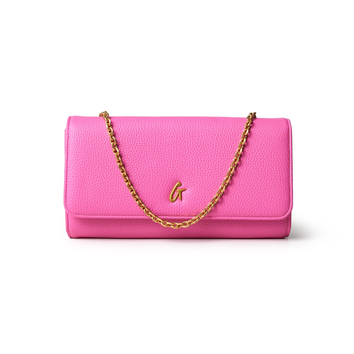 Pink Pebble Travel Wallet with a gold chain and logo, designed for stylish travel organization.