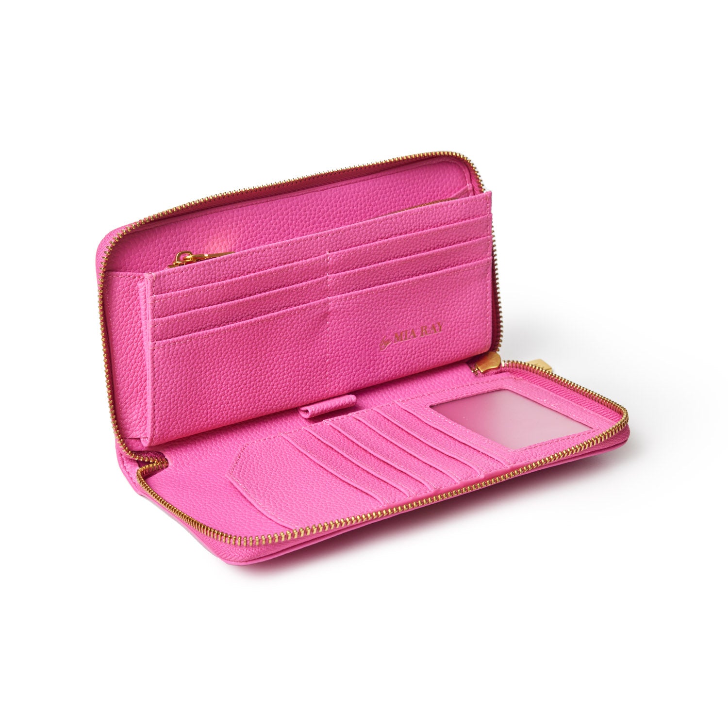 Open pink pebble leather wallet with multiple card slots, zippered coin pocket, ID window, and gold zipper detail.