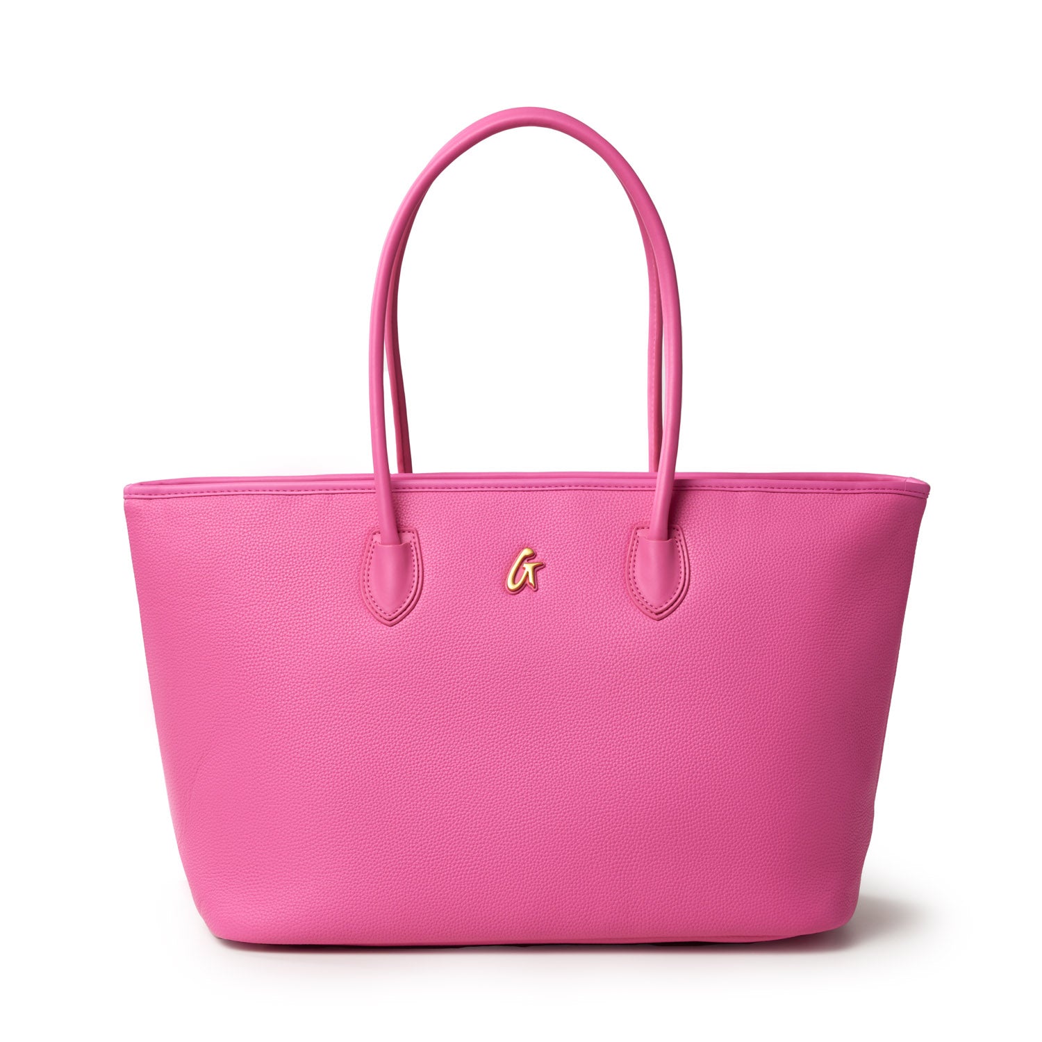 Pink pebble tote bag with dual handles and a small gold "G" logo on the front, perfect for stylish everyday use.
