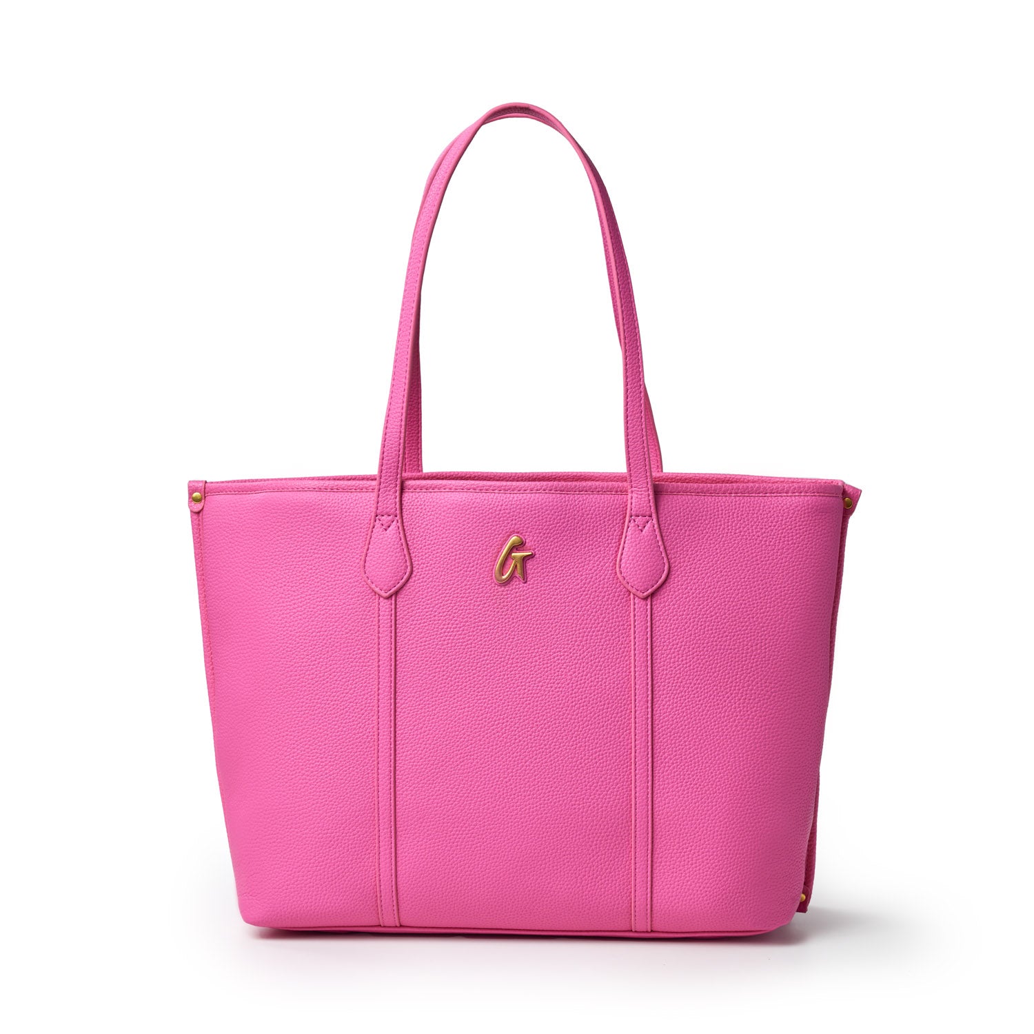 Pink Pebble Sleek Tote bag with dual handles and gold logo accent, made of textured leather, perfect for everyday use.
