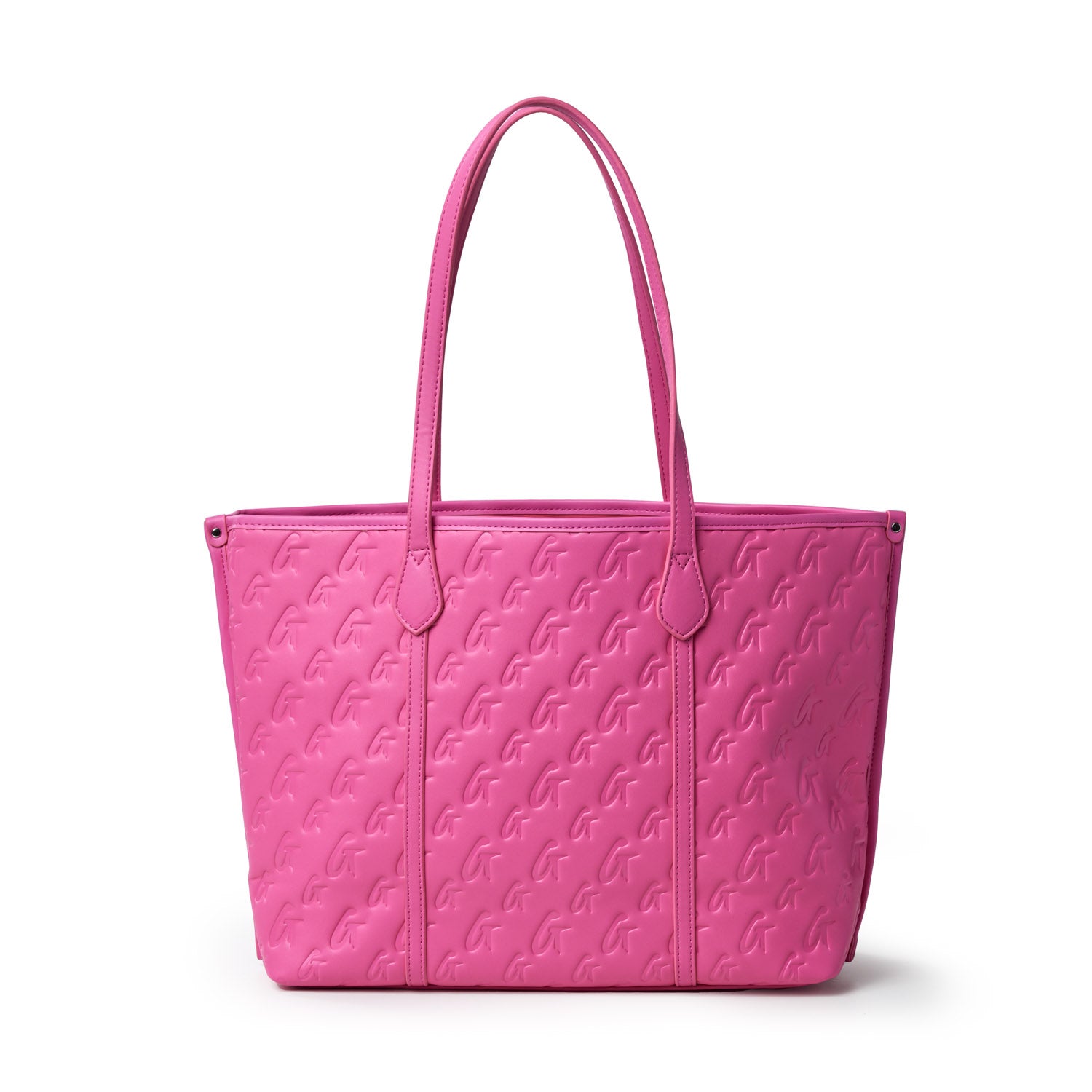 Pink tote bag with embossed monogram pattern, sleek design, and two long handles for shoulder or hand carry.