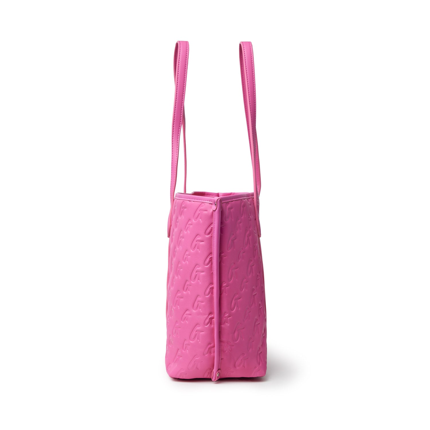 Pink Monogram Sleek Tote bag with embossed logo pattern, featuring long shoulder straps and a side zipper.