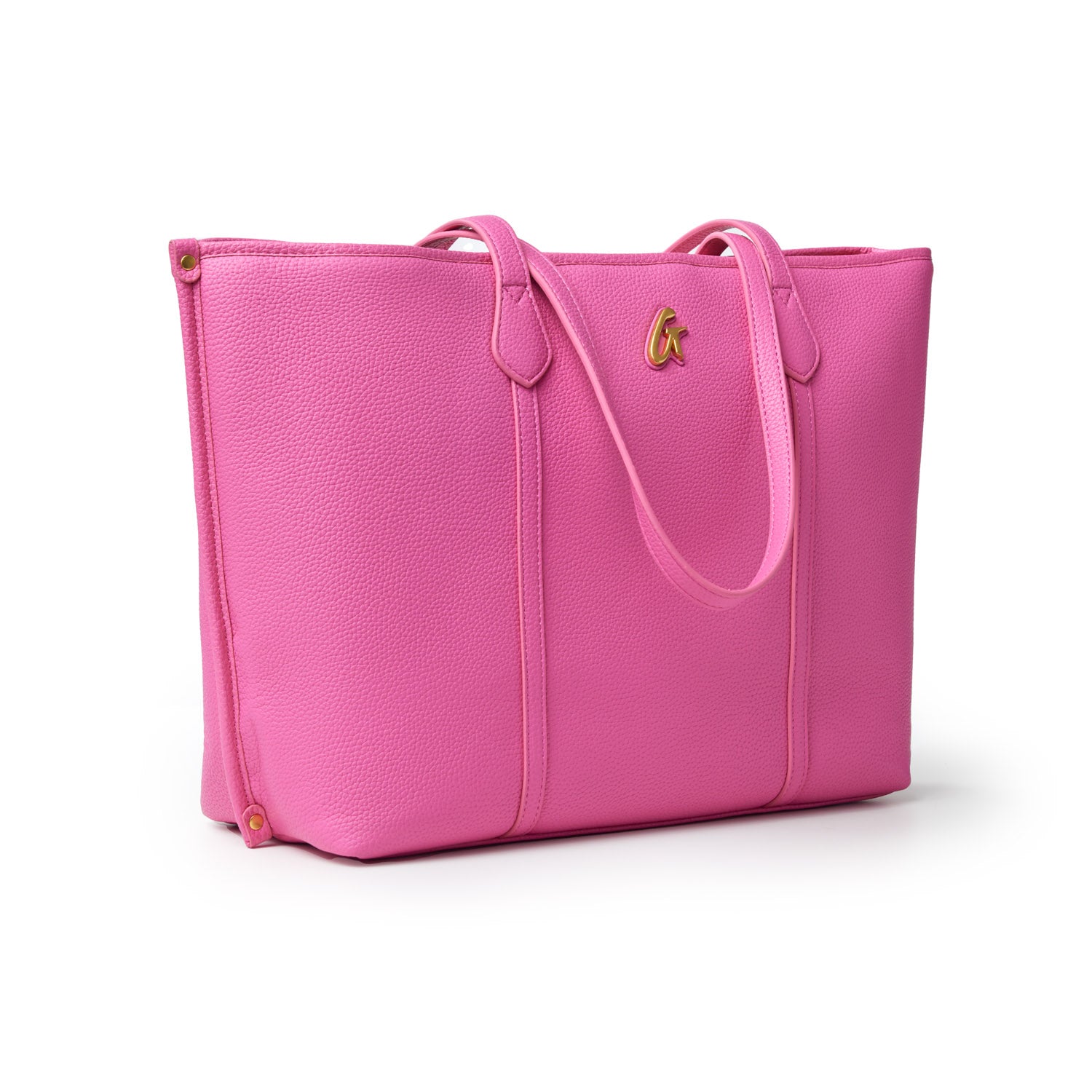 Pink Pebble Sleek Tote bag with gold logo, dual handles, and textured surface, perfect for stylish everyday use.