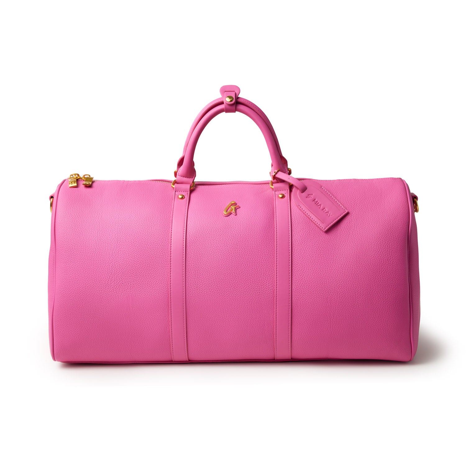 Bright pink Pebble Duffle Bag with gold accents, sturdy handles, and a luggage tag for travel or gym use.