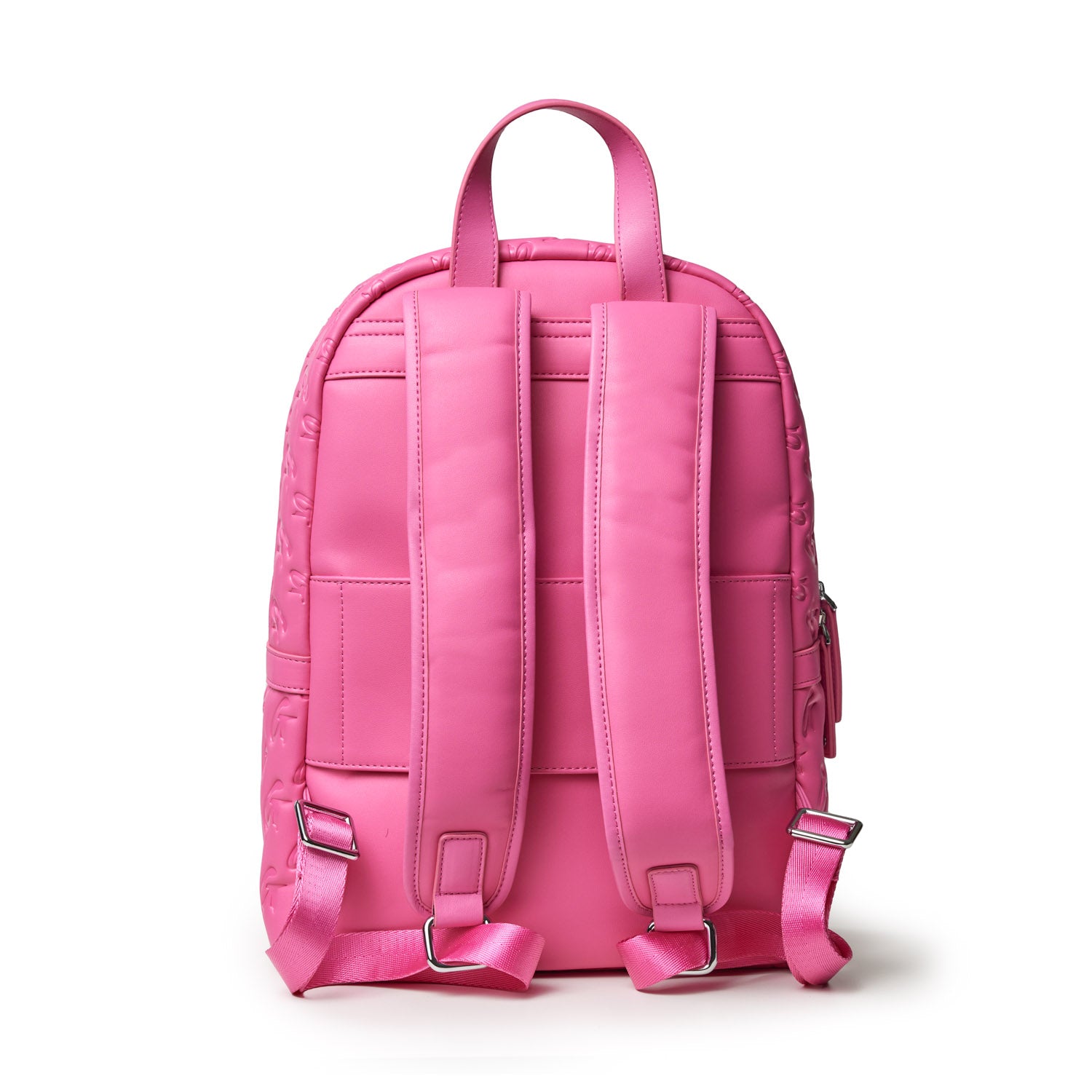 Pink Monogram Backpack with padded shoulder straps, top handle, and embossed logo details on the sides.