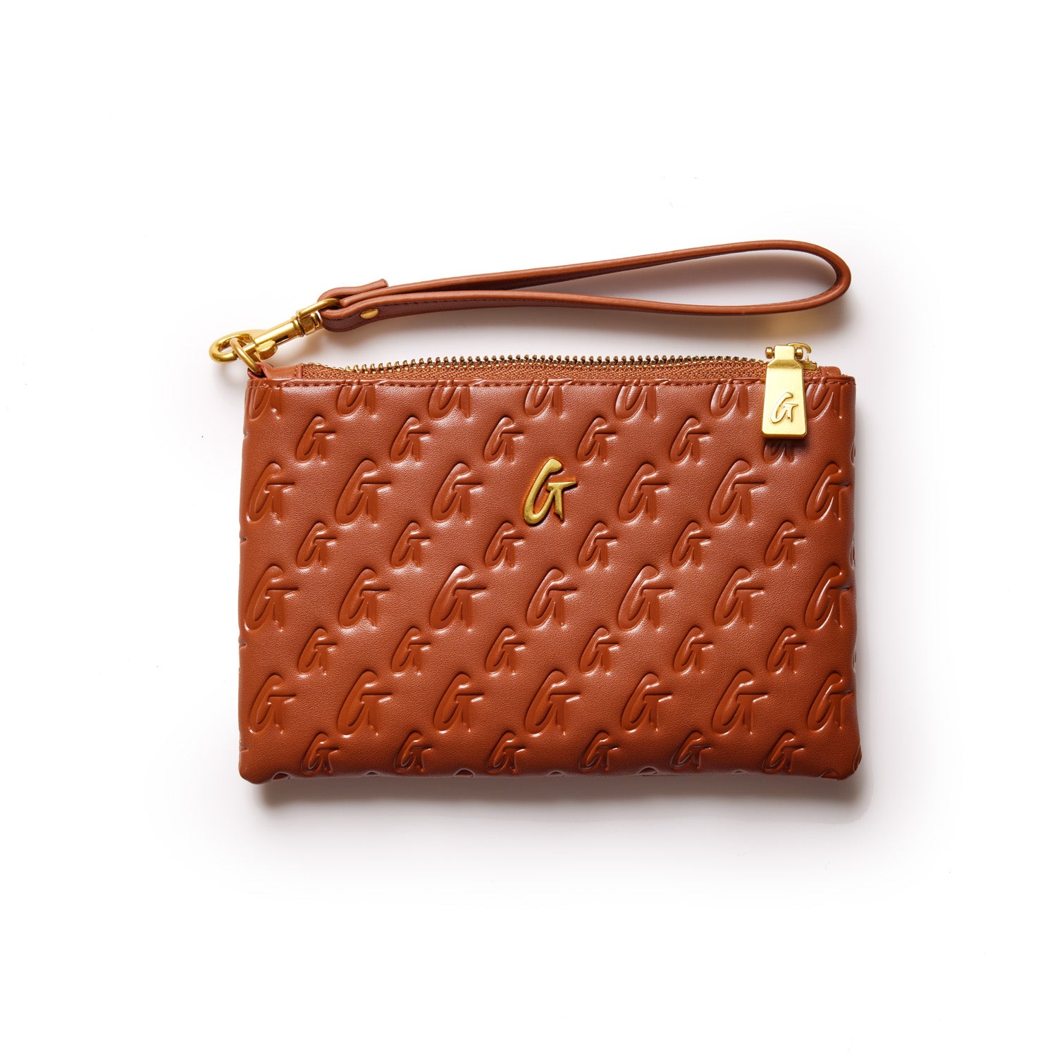 Brown mini monogram gold wristlet with embossed G pattern, gold logo, zipper closure, and wrist strap on white background.