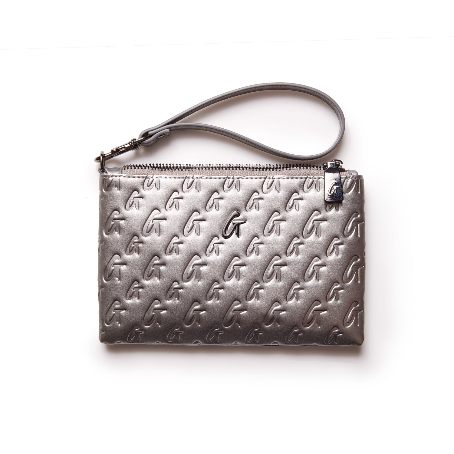 Mini Monogram Gunmetal Wristlet in platinum color with embossed "G" pattern and wrist strap.