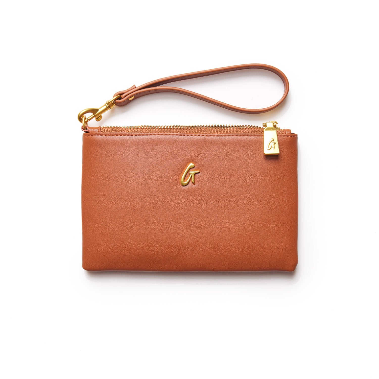 Mini brown wristlet with gold zipper and logo, featuring a wrist strap for easy carrying.
