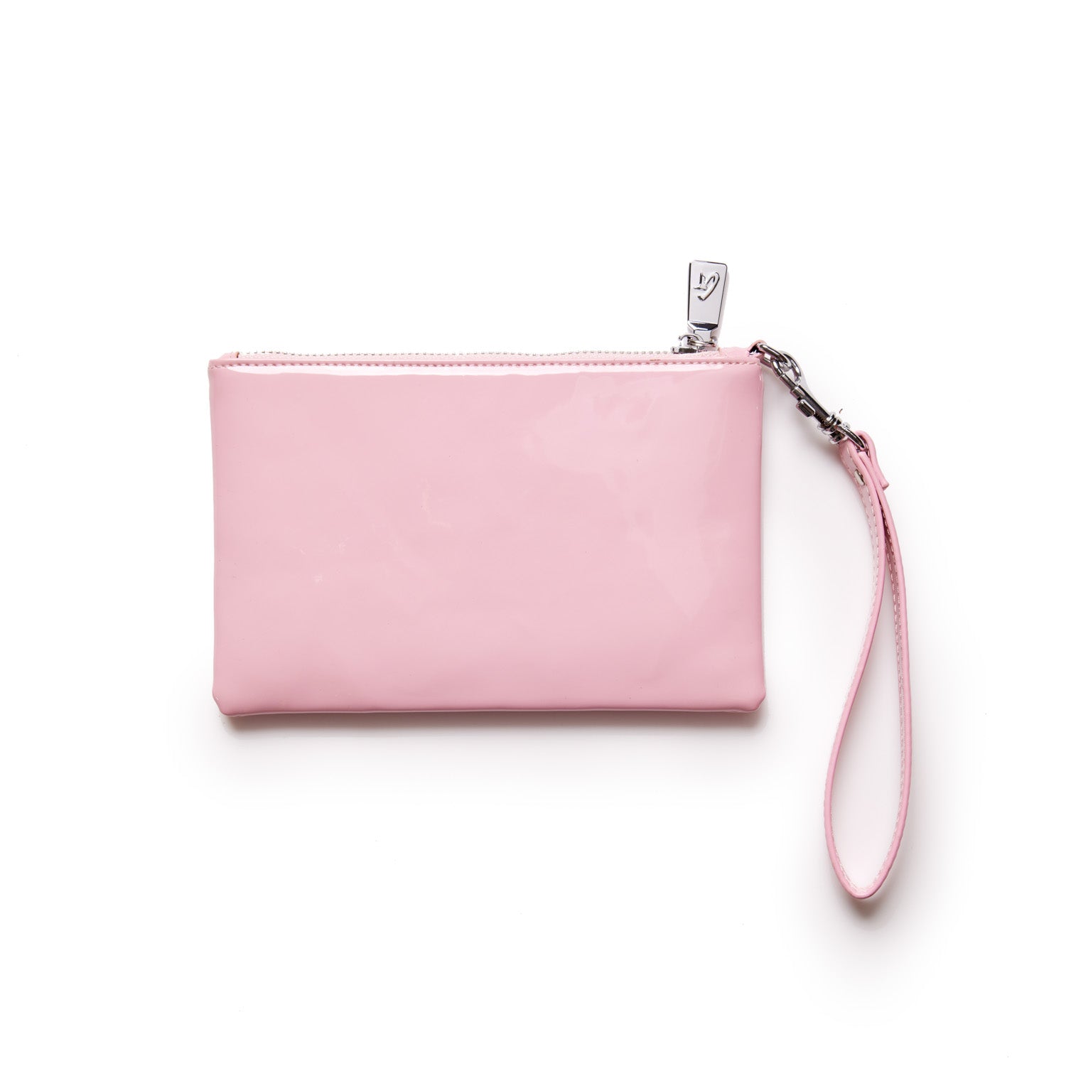 Mini silver wristlet with a pink mirror finish, featuring a wrist strap and a zipper closure.