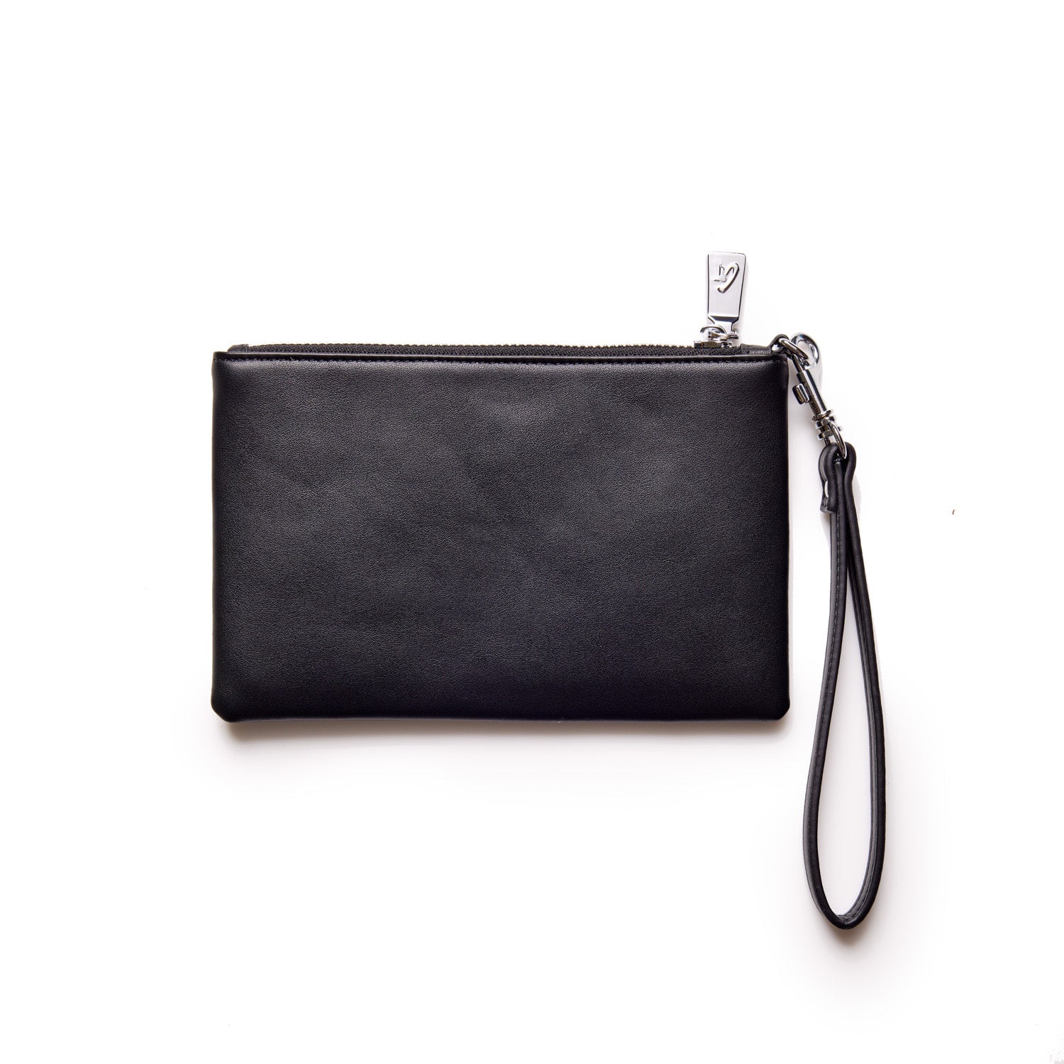 Mini black wristlet with silver hardware and a wrist strap, featuring a zip closure and sleek design.