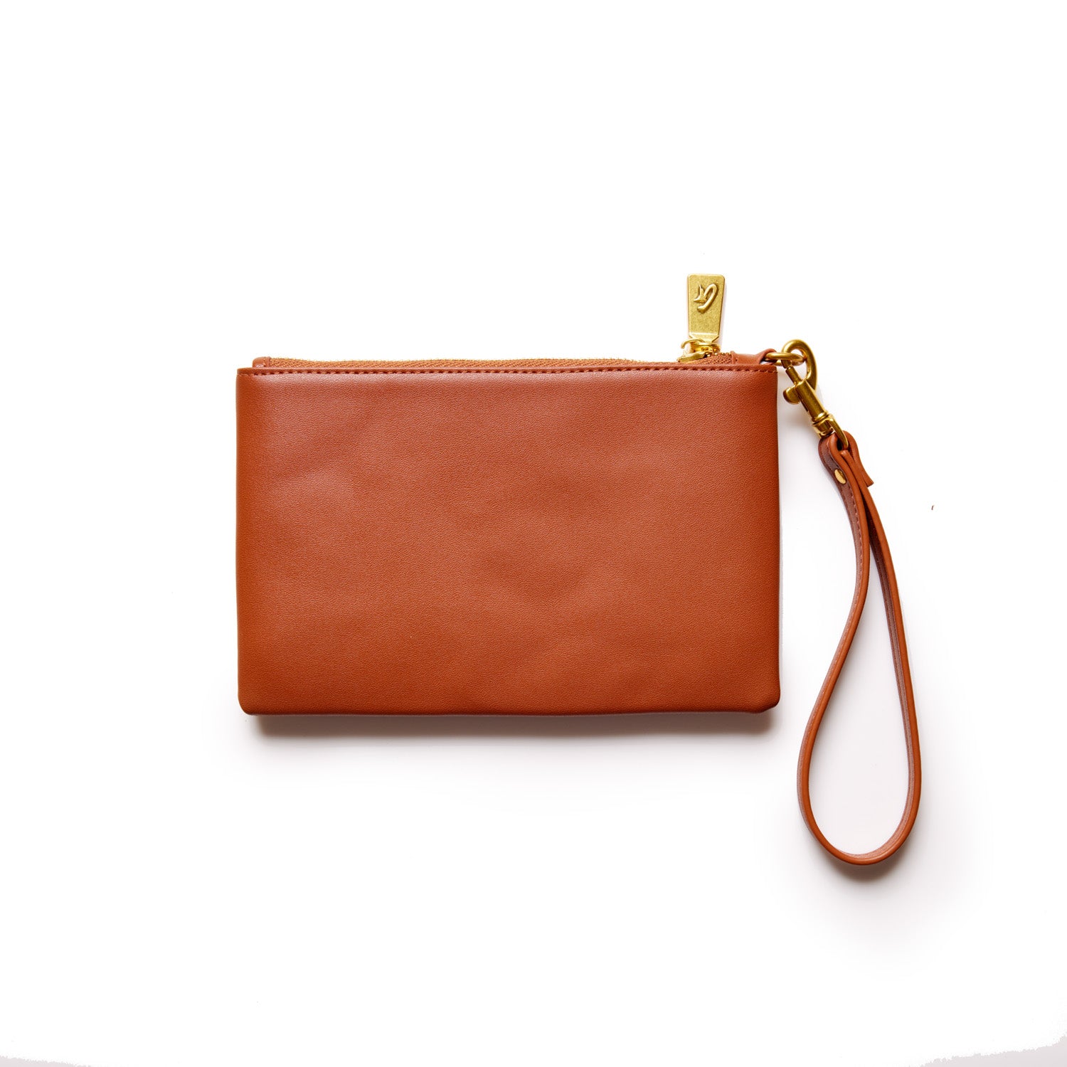 Brown mini wristlet with a gold zipper and attached wrist strap, designed for carrying small essentials.