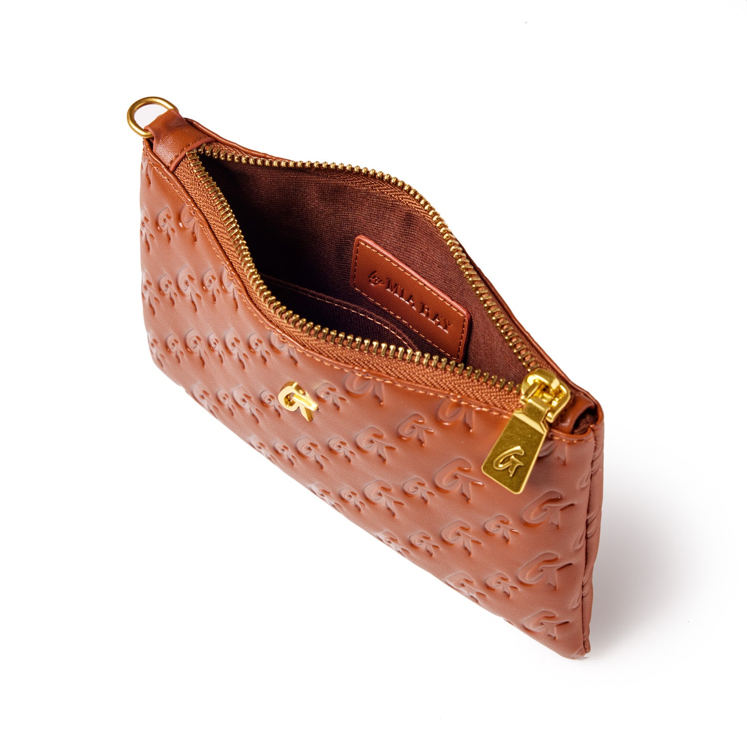 Brown mini monogram wristlet with gold zipper and embossed logo pattern, featuring interior card slot and gold-tone hardware.