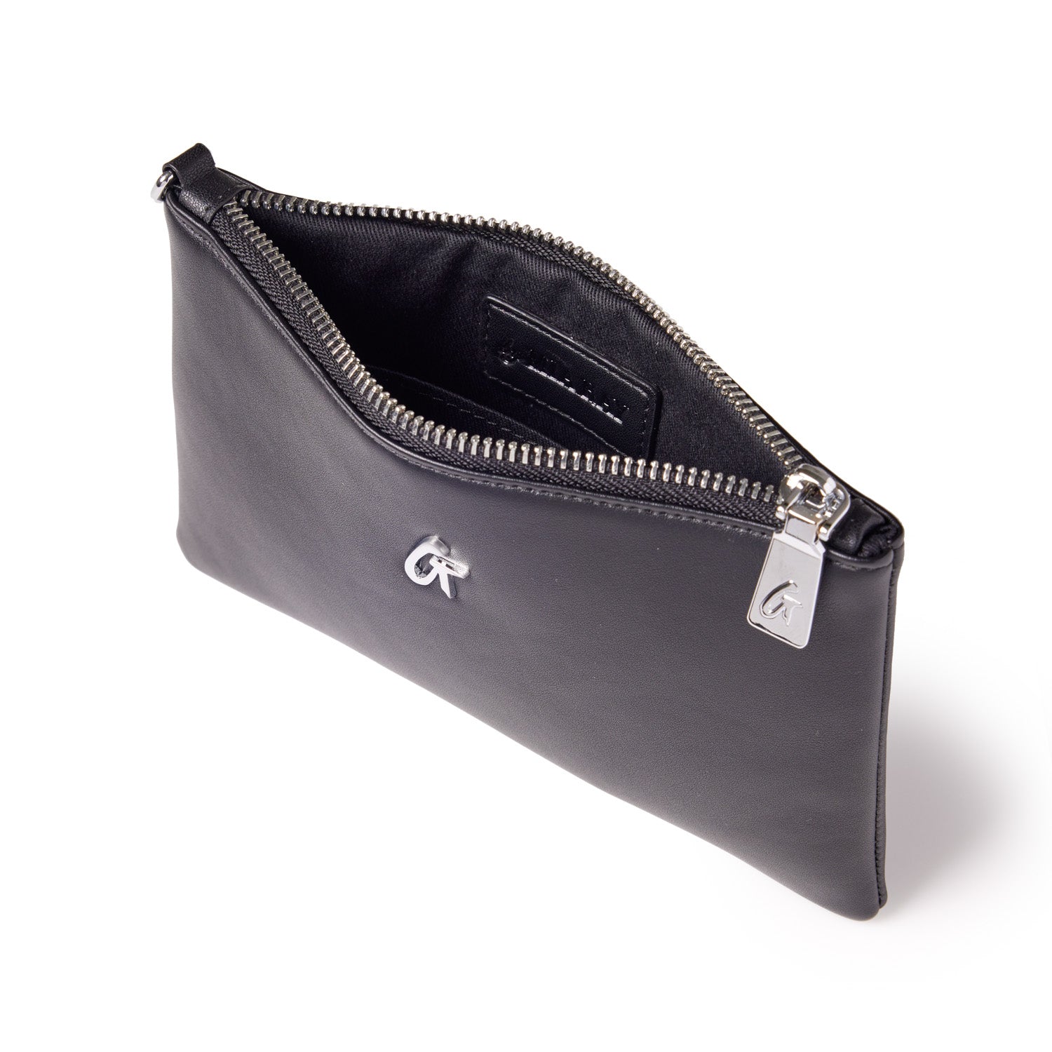 Mini black wristlet with silver accents, zip closure, and interior card slot, labeled with a small "G" logo.