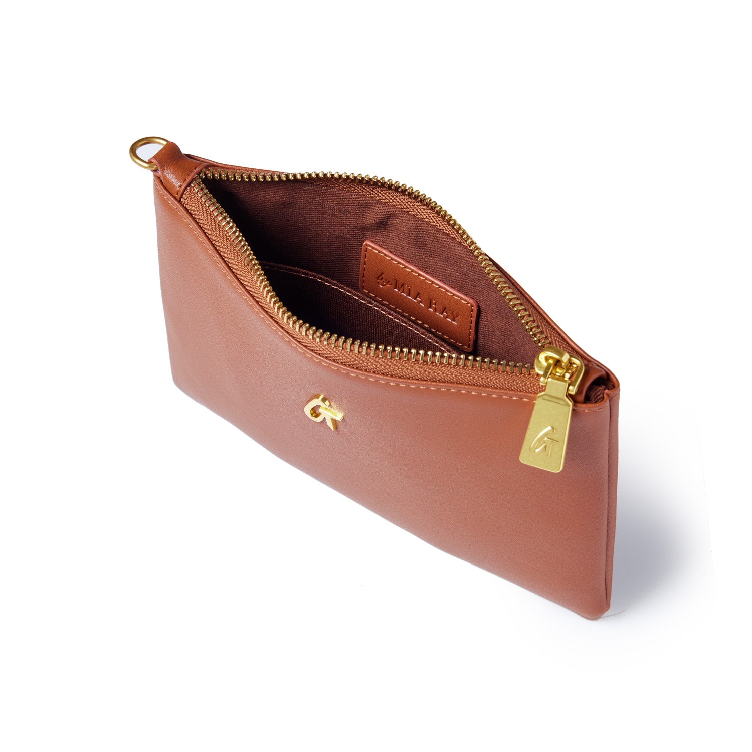 Mini brown wristlet with gold zipper and logo, featuring a compact design and interior pocket for essentials.