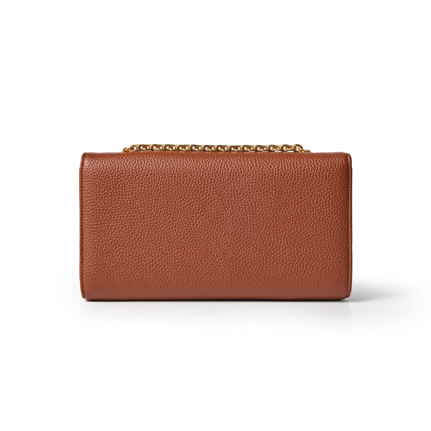Brown Pebble Travel Wallet with a gold chain handle, featuring textured leather and a sleek rectangular design.