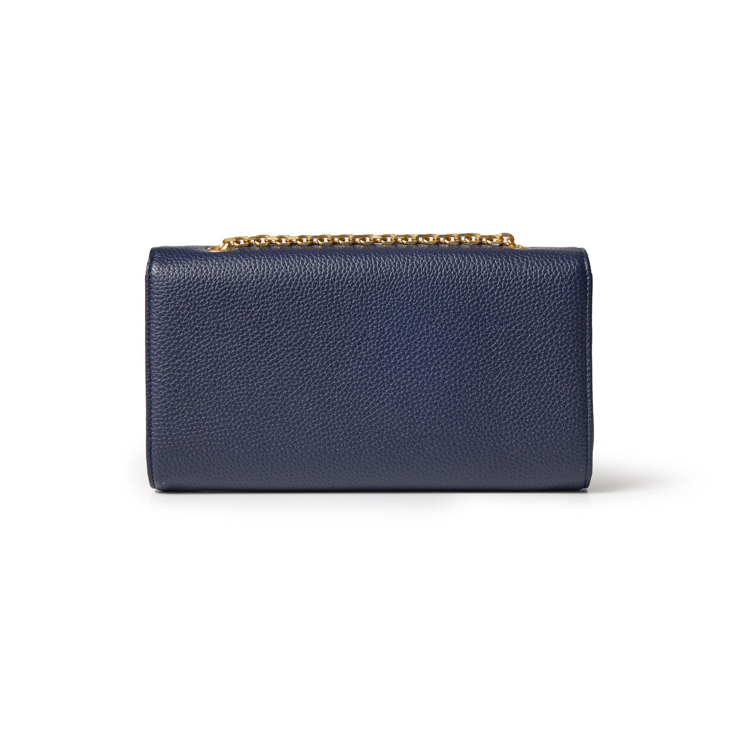 Navy Pebble Travel Wallet with a gold chain handle, textured leather exterior, and compact rectangular design.