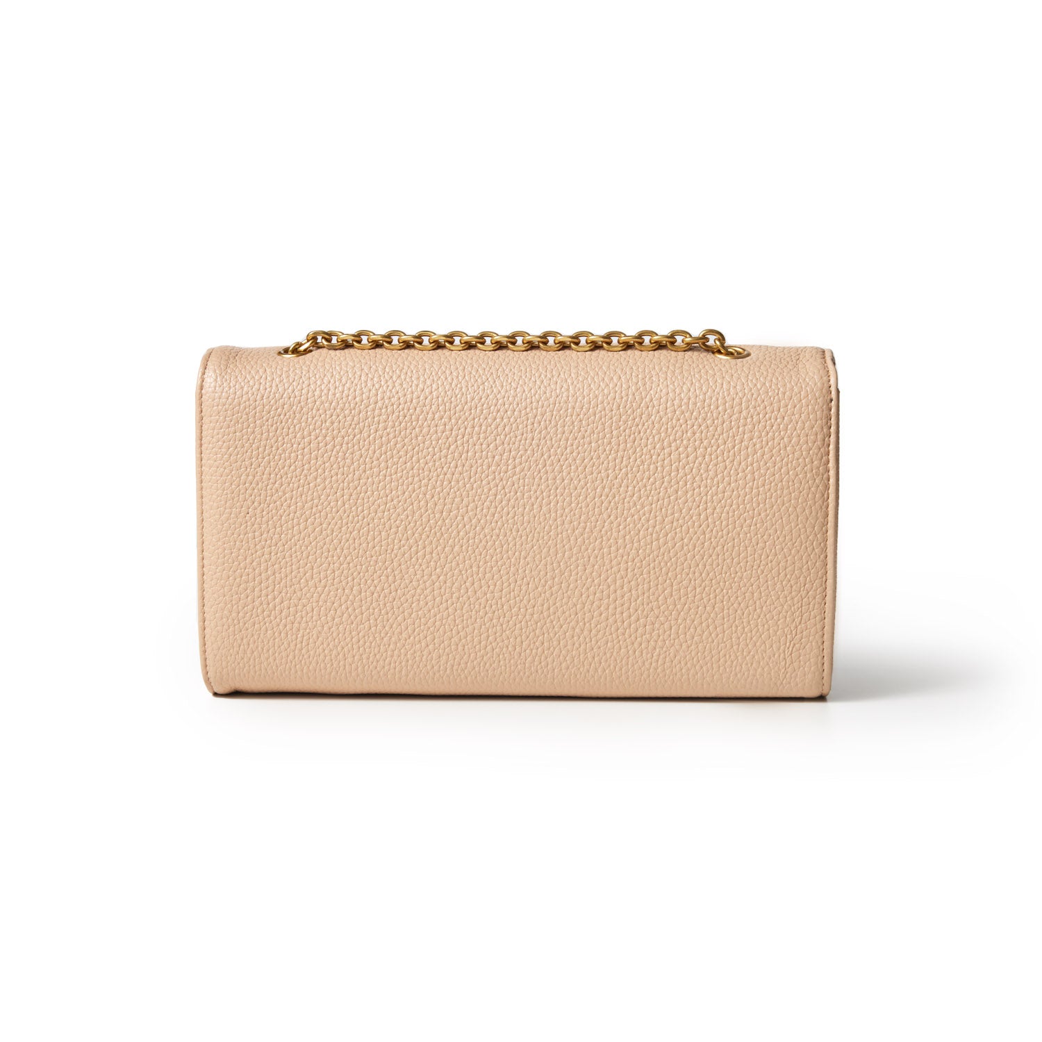 Beige Pebble Travel Wallet on Chain with textured leather and a gold chain handle, designed for travel essentials.