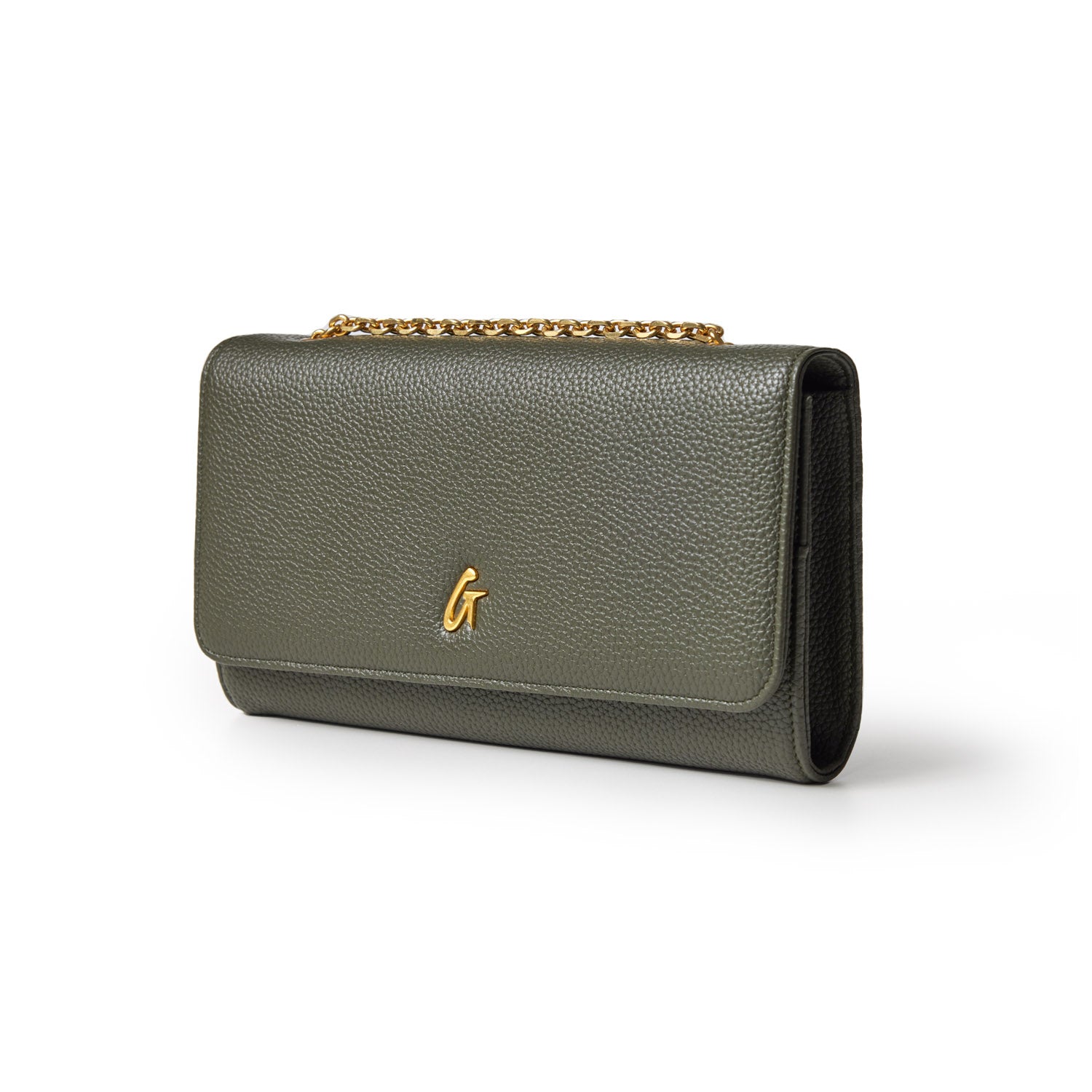Olive green Pebble Travel Wallet on Chain with gold chain and logo, made of textured leather, designed for travel essentials.