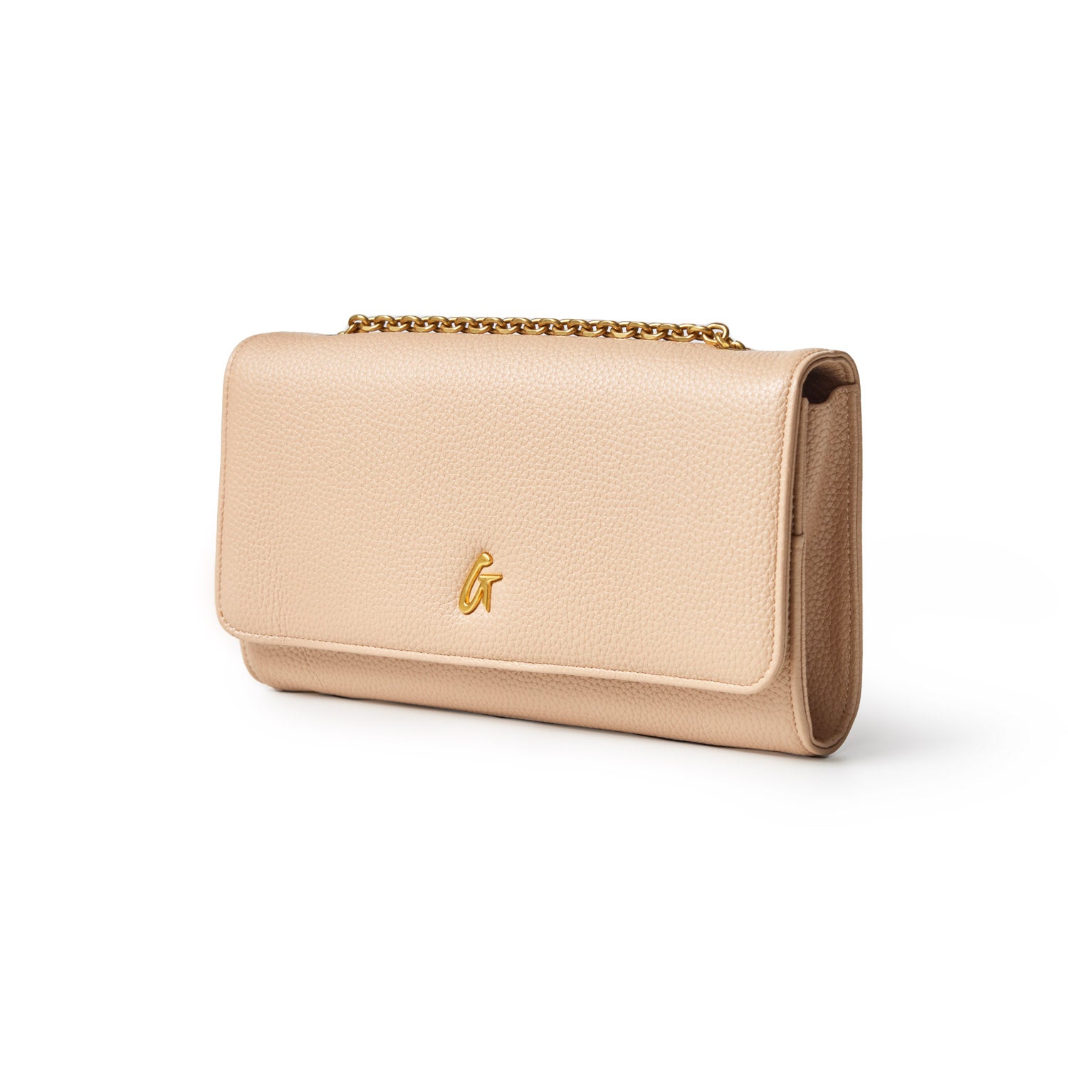 Peach-colored Pebble Travel Wallet on Chain (WOC) in nude with a gold chain and logo, designed for travel and elegance.