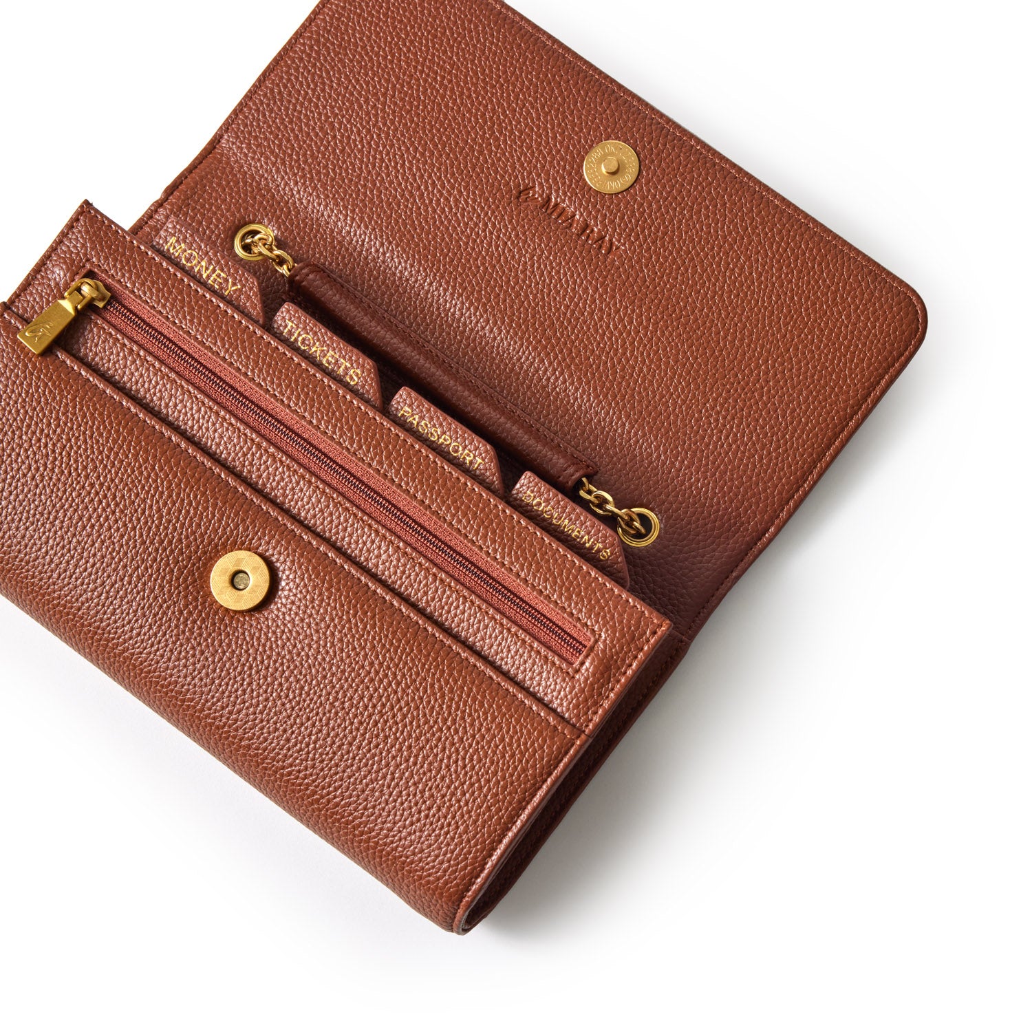 Brown Pebble Travel Wallet with multiple compartments, gold hardware, and textured leather design.