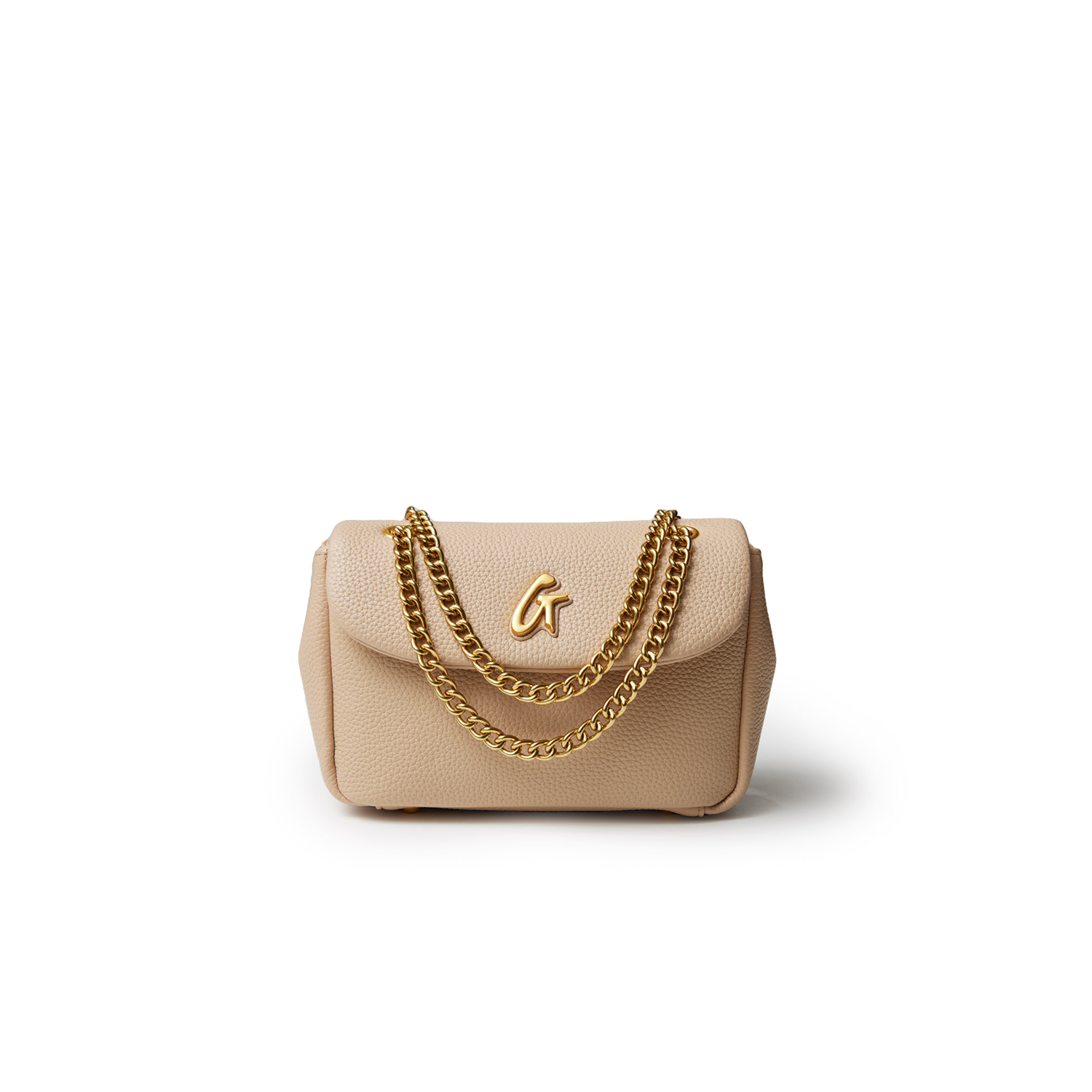 Mini pebble flap bag in nude with gold chain strap and a gold "G" logo on the front.
