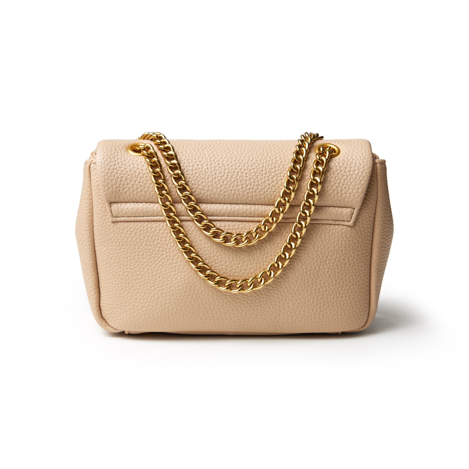Mini Pebble Flap Bag in nude with a gold chain strap, textured leather, and a sleek, compact design.