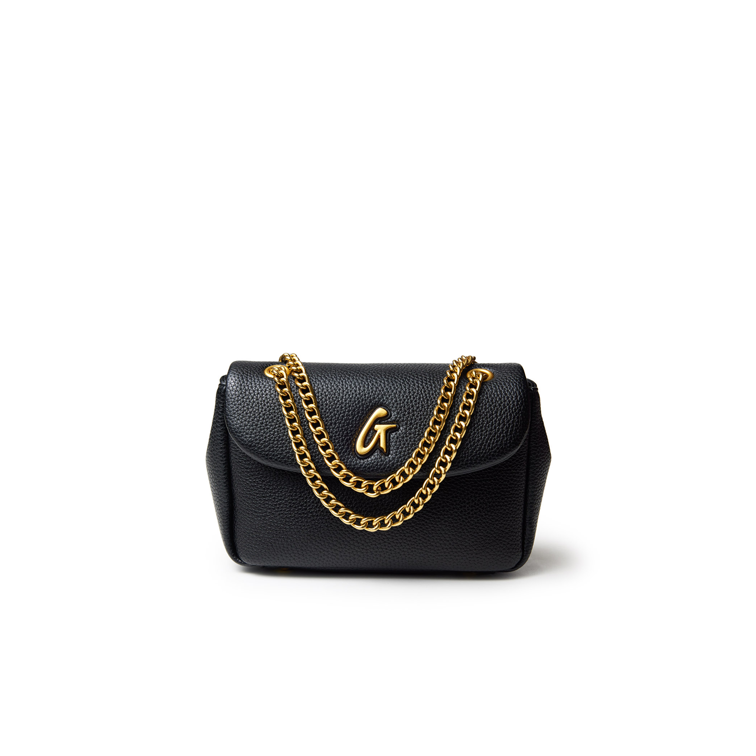 Small black Pebble Flap Bag with gold chain strap and "G" logo, stylish and compact accessory for everyday use.