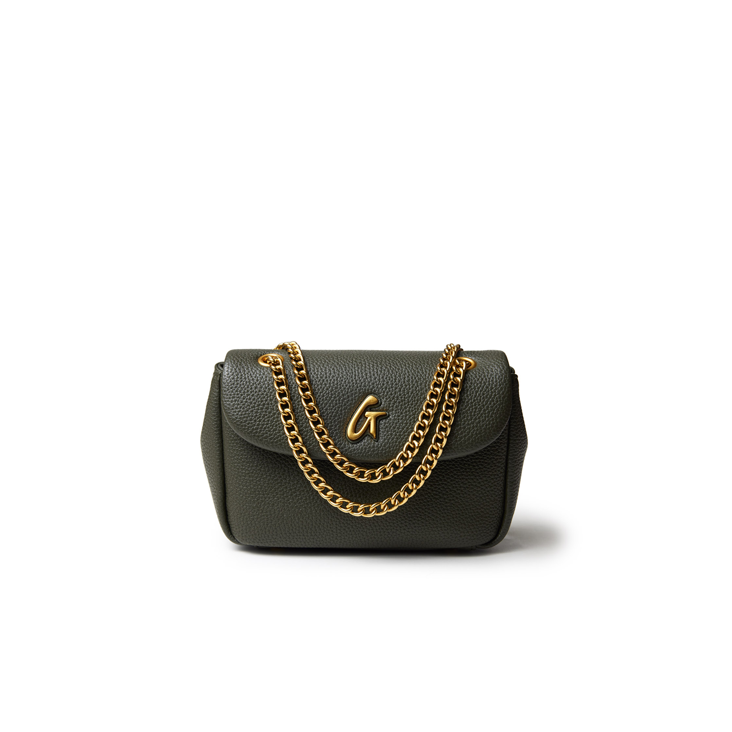 Mini pebble flap bag in olive green with gold chain strap and logo detail, compact and stylish for everyday use.
