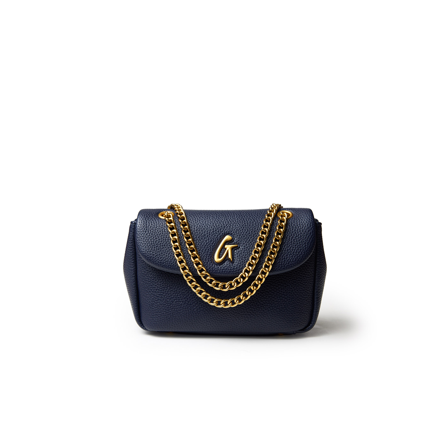 Mini navy pebble leather flap bag with gold chain strap and a gold "G" logo on the front.