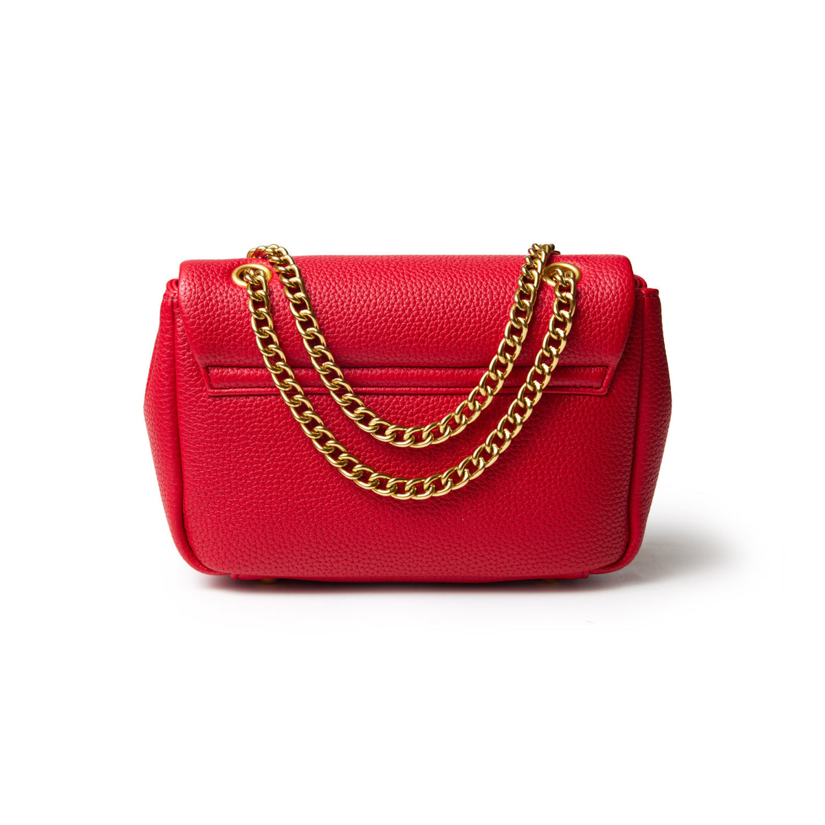 Red mini pebble flap bag with a gold chain strap, textured leather, and a sleek, compact design.