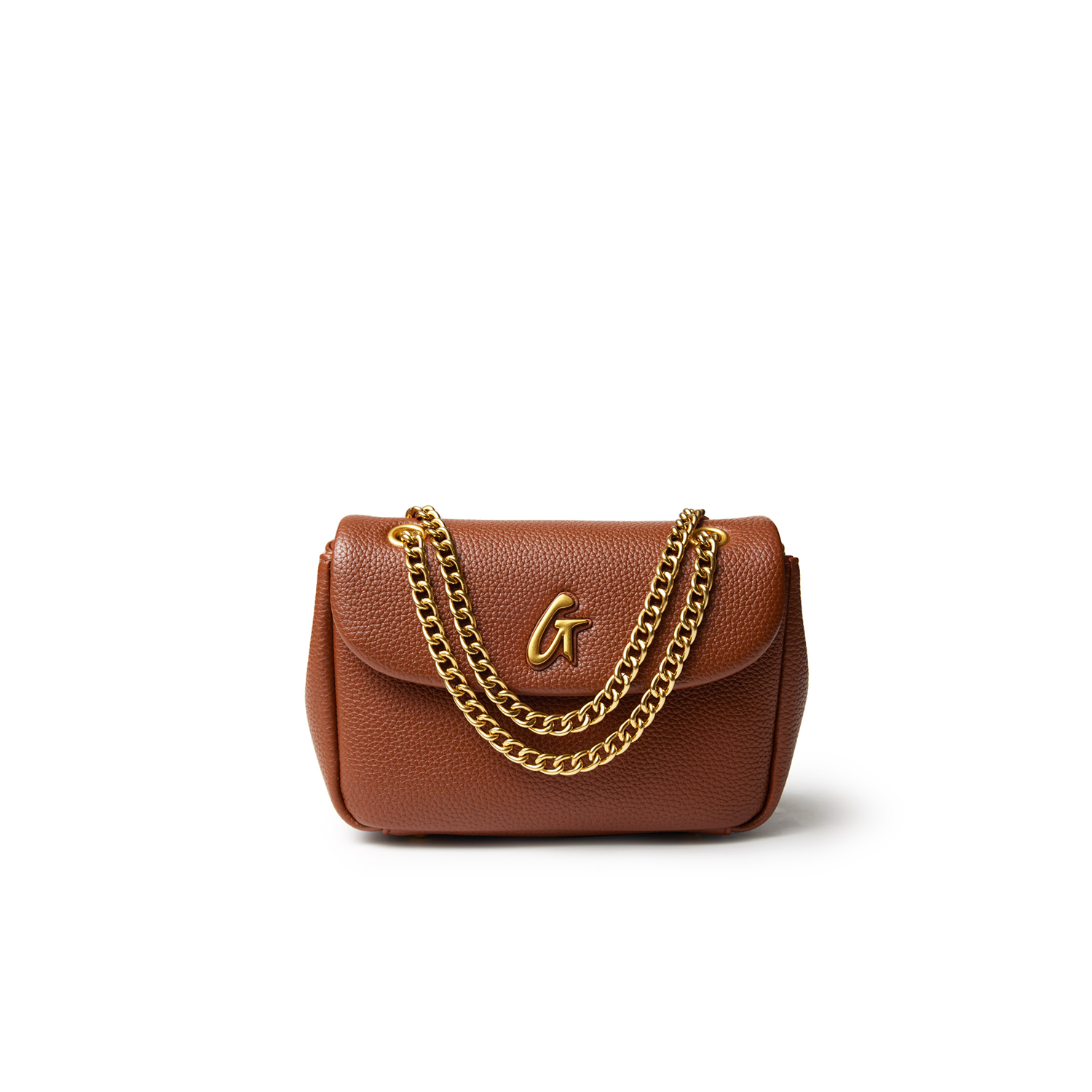 Brown mini pebble flap bag with gold chain strap and a gold "G" logo on the front.
