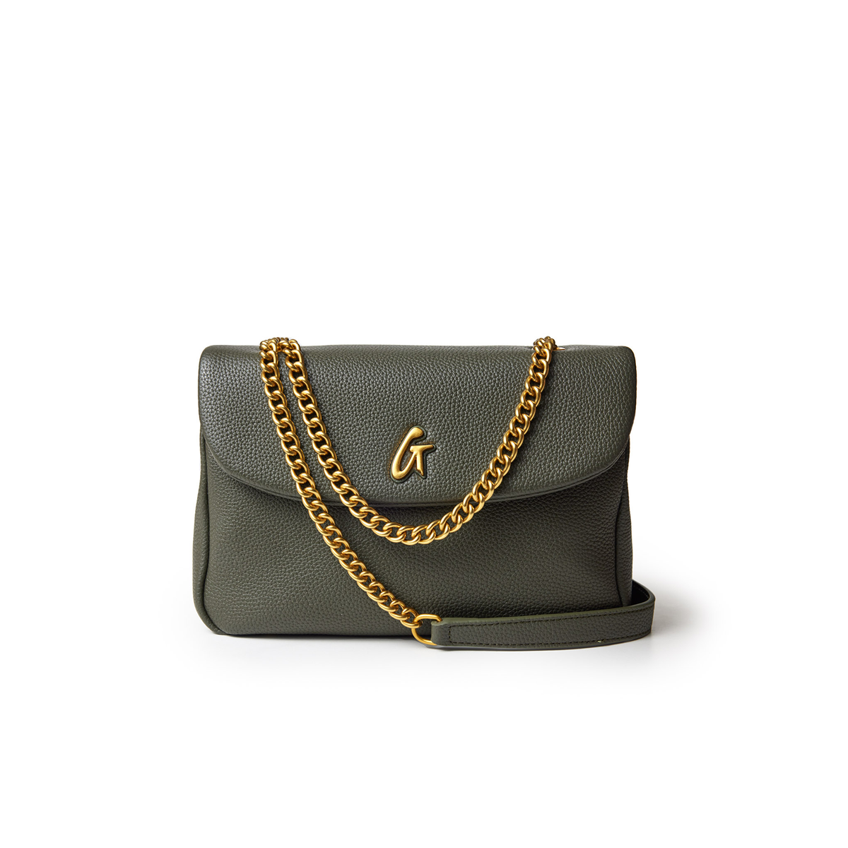 Medium olive green pebble flap bag with a gold chain strap and a gold "G" logo on the front.