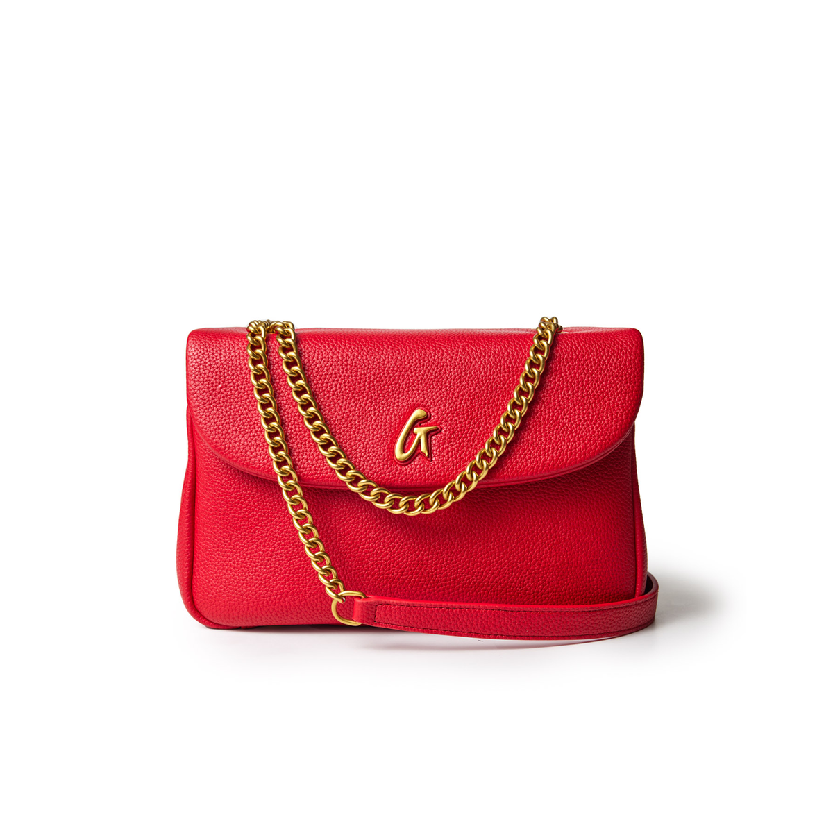 Red medium pebble flap bag with a gold chain strap and logo detail, featuring textured leather and a structured design.