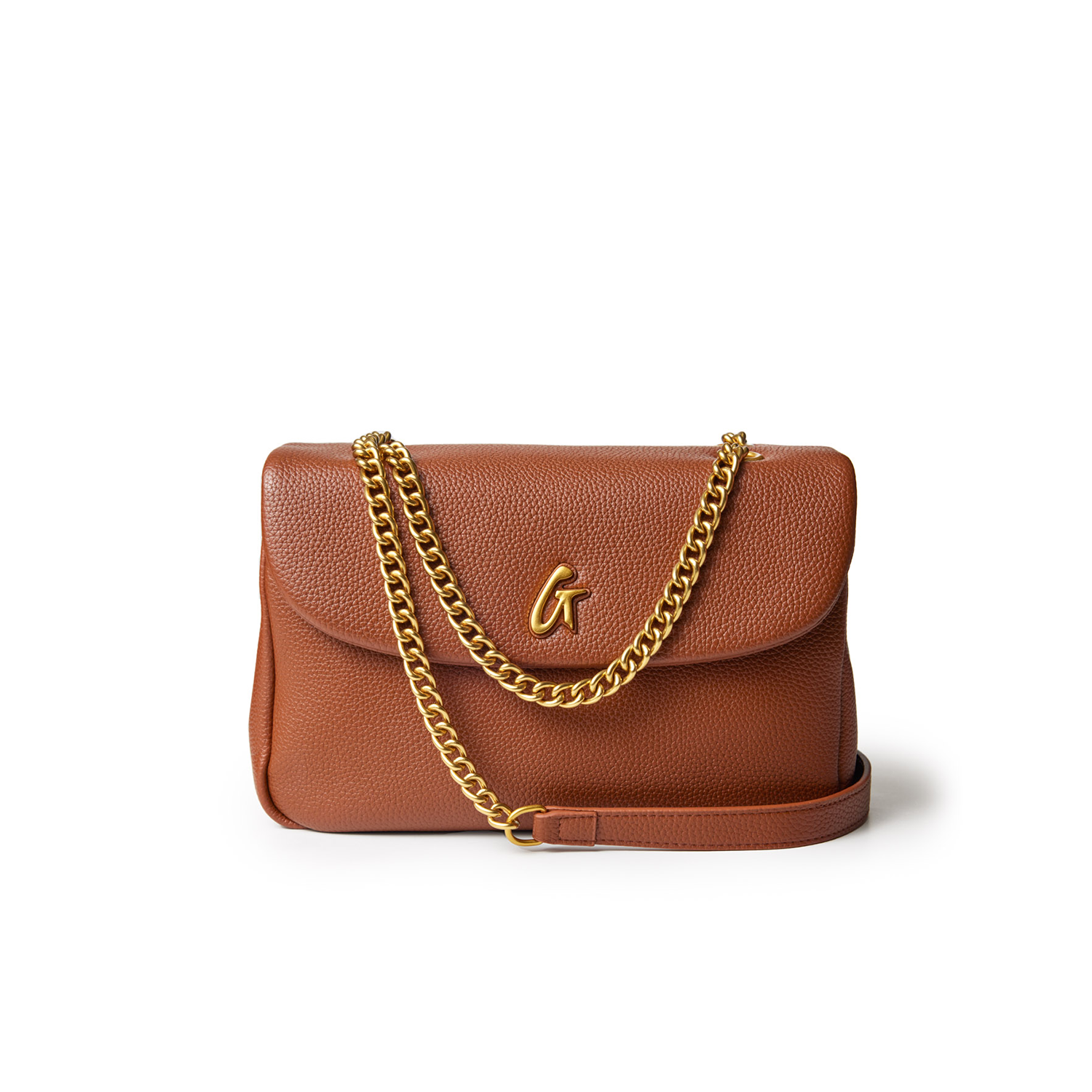 Medium brown pebble flap bag with a gold chain strap and a gold "G" logo on the front.