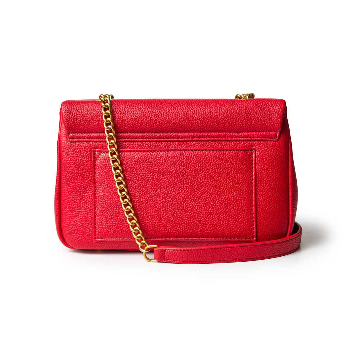 Red medium pebble leather flap bag with a gold chain strap and front pocket, stylish and versatile accessory.