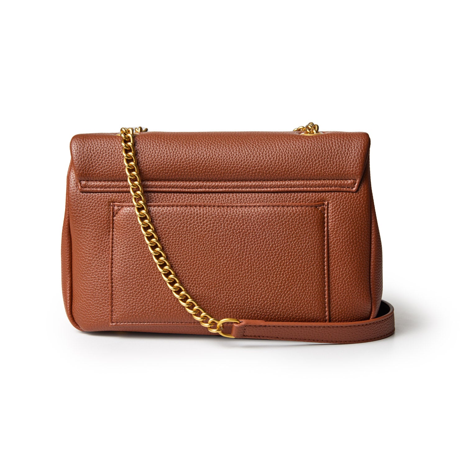 Medium brown pebble leather flap bag with a gold chain strap and front pocket, stylish and versatile for everyday use.
