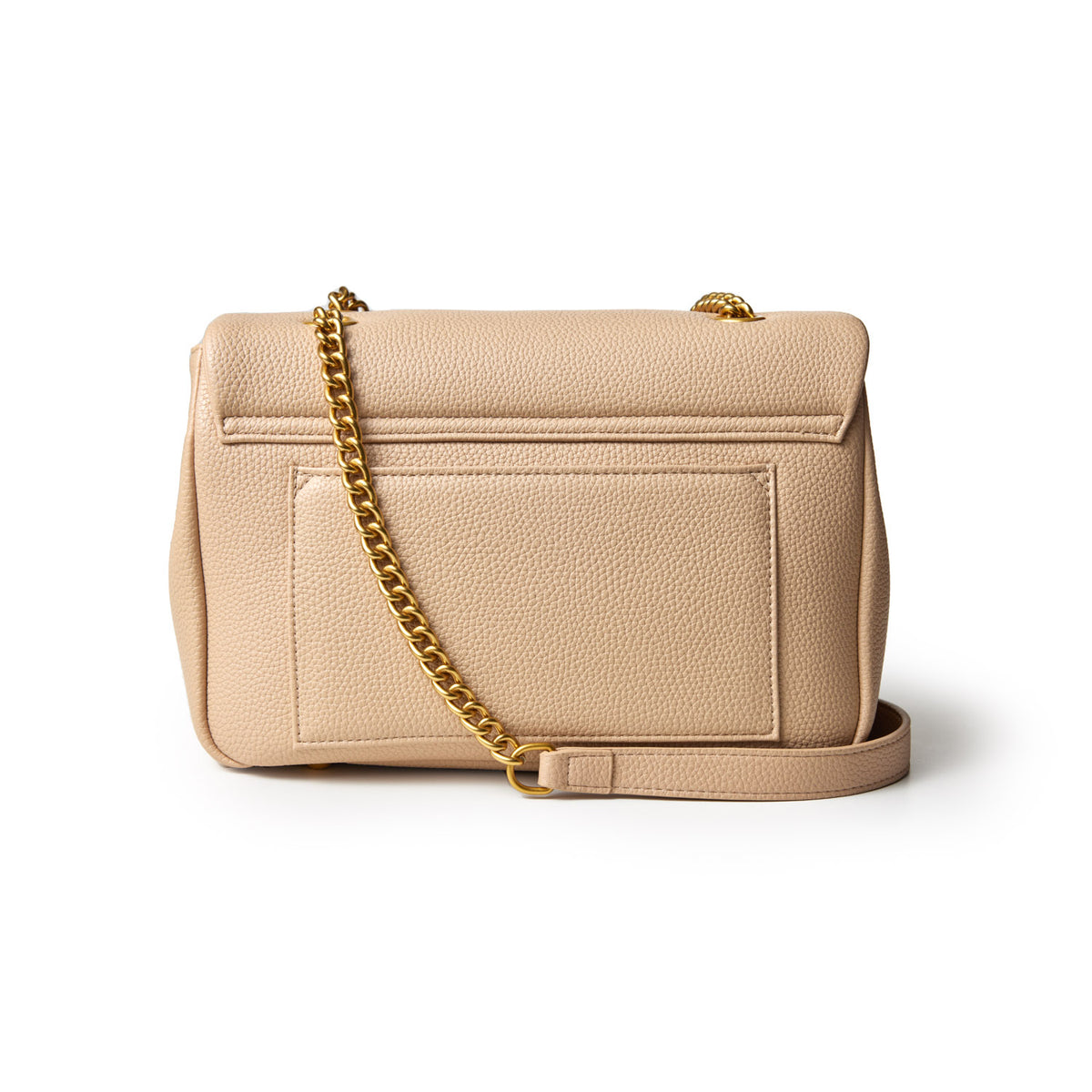 Medium nude pebble flap bag with a gold chain strap and textured leather finish, designed for stylish everyday use.