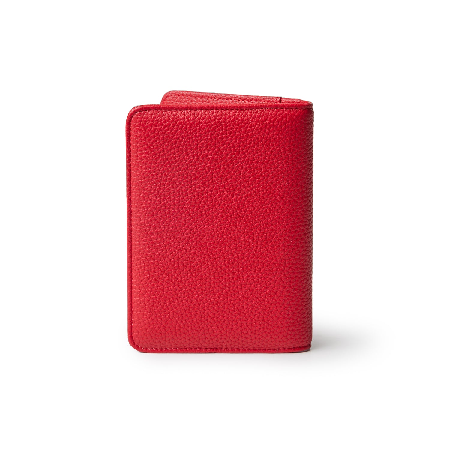 Red Pebble leather passport holder with textured finish, compact design, and stitched edges.