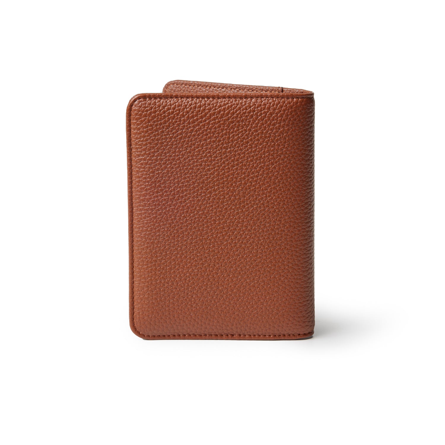 Brown Pebble leather passport holder with textured finish, compact design, and stitched edges.