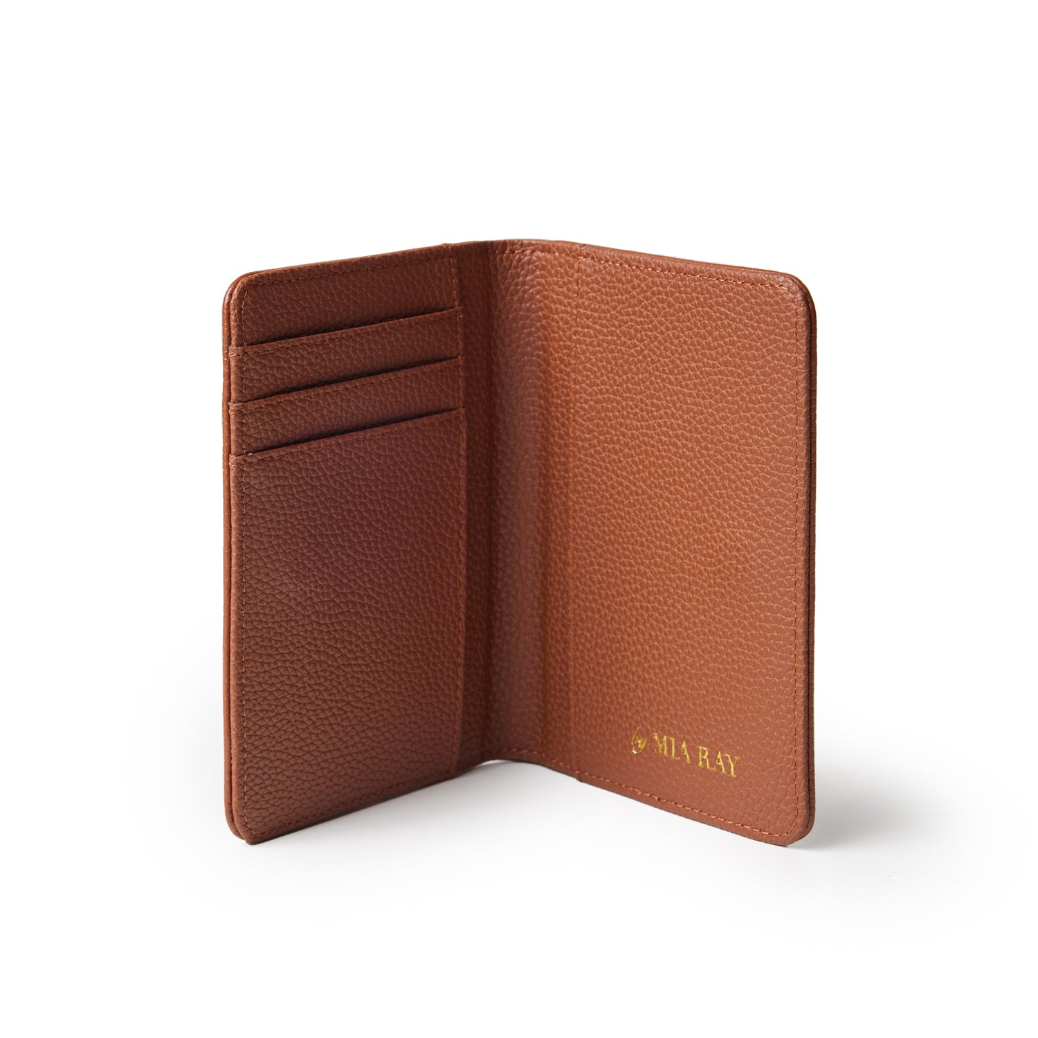 Brown Pebble Passport Holder with card slots and gold embossed logo on the inside.