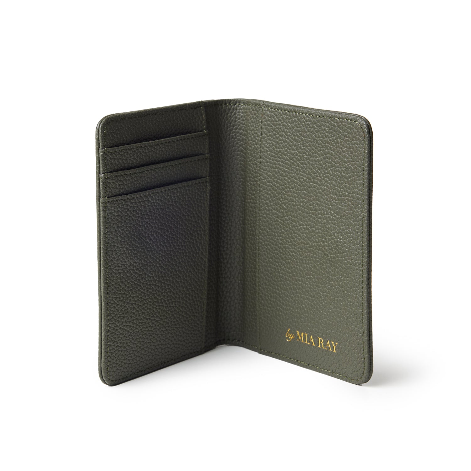 Olive green Pebble passport holder with card slots and gold "by MIA RAY" branding inside.