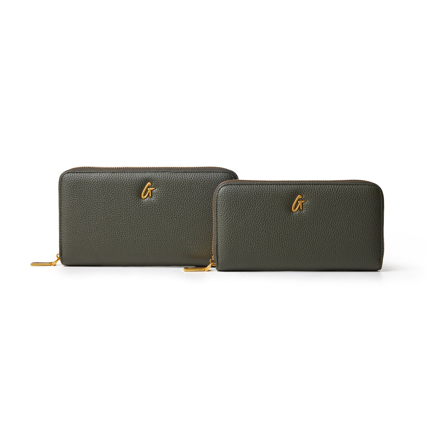 Olive green pebble leather wallets with gold zipper and logo, featuring a sleek, textured design for stylish organization.