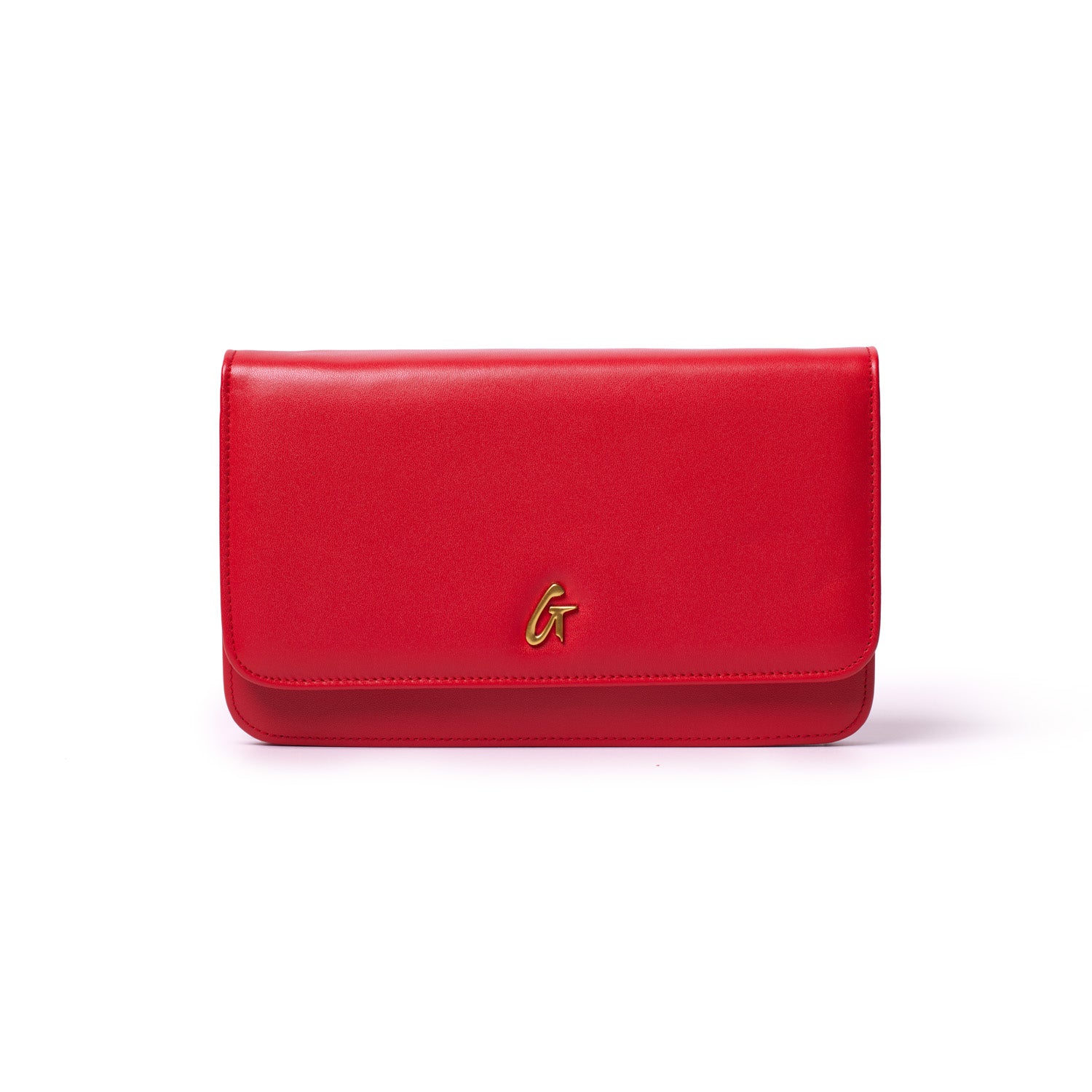 Red leather wallet with a gold "G" logo, featuring a sleek design and fold-over flap, labeled "STANDARD GOLD WOC - RED.