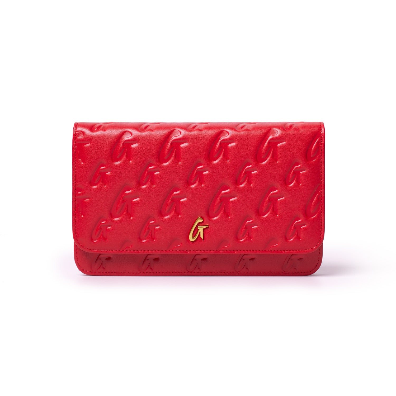 Red Monogram Gold WOC clutch with embossed G pattern and a gold G logo on the front.