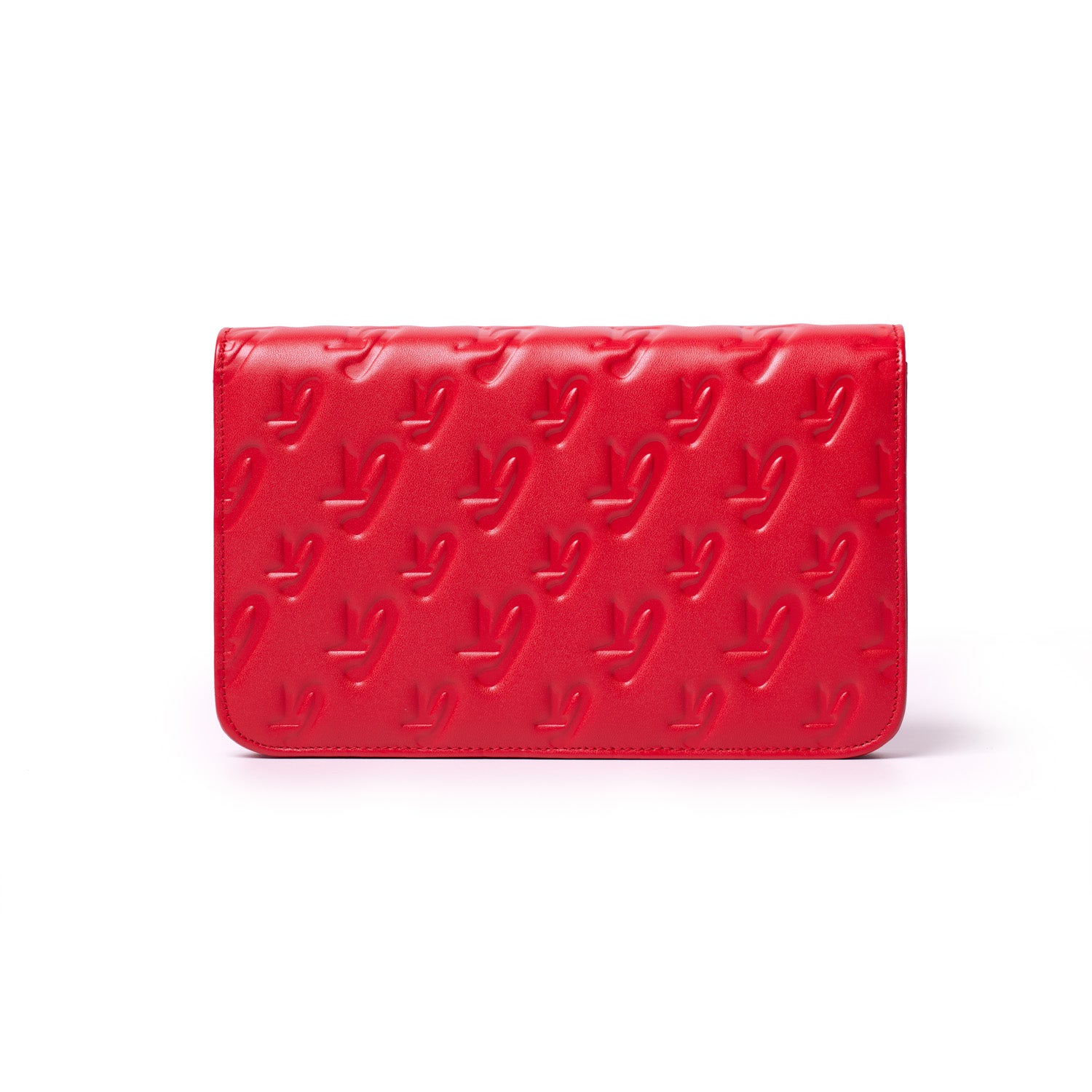 Red Monogram Gold WOC clutch with embossed logo pattern, sleek design, and gold accents.