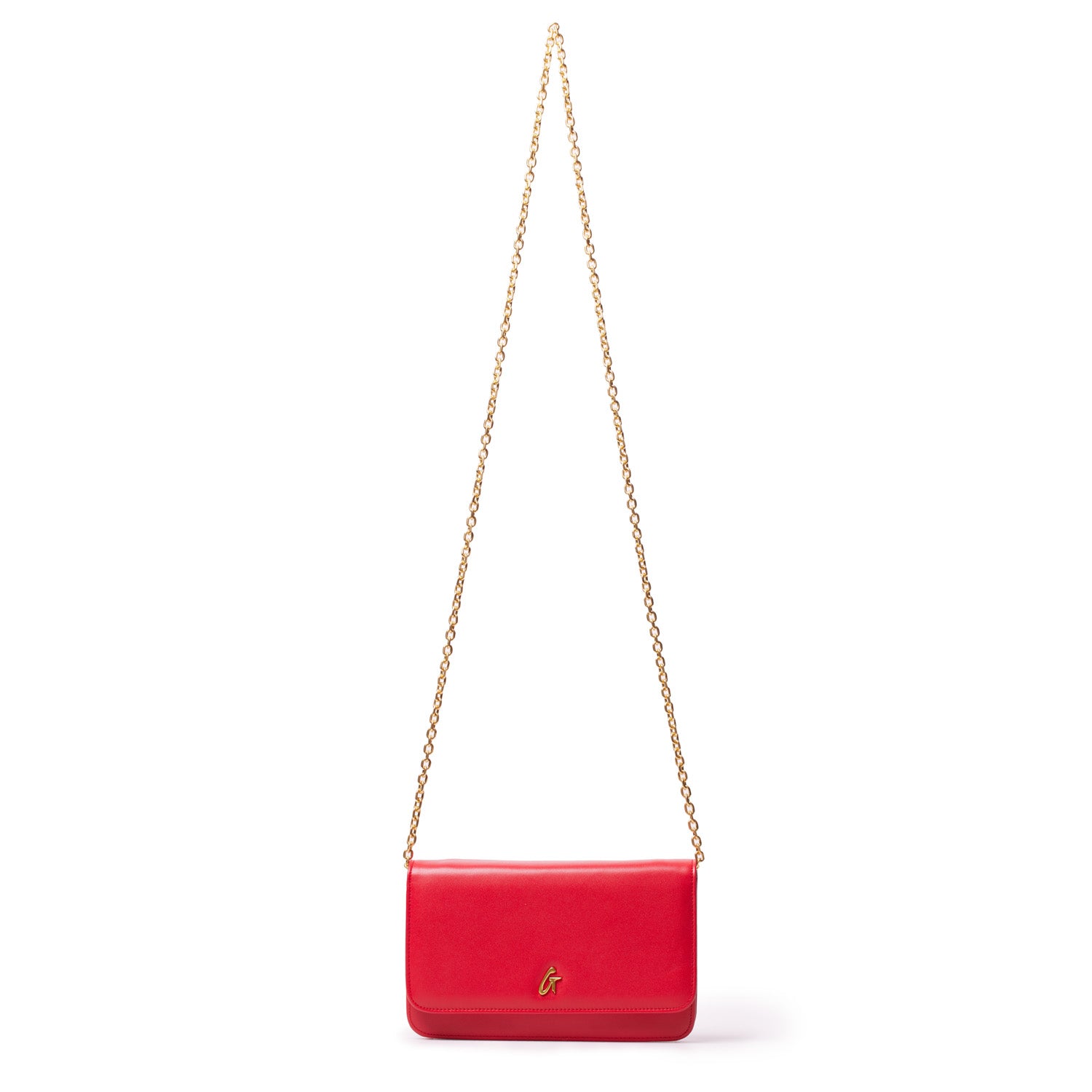 Red leather shoulder bag with a gold chain strap and gold "G" logo on the front.